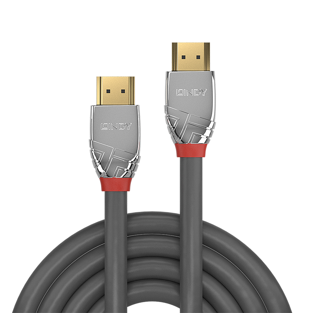 Due cavi HDMI grigi con connettori dorati. Anelli rossi alla base. I cavi sono arrotolati su sfondo bianco.