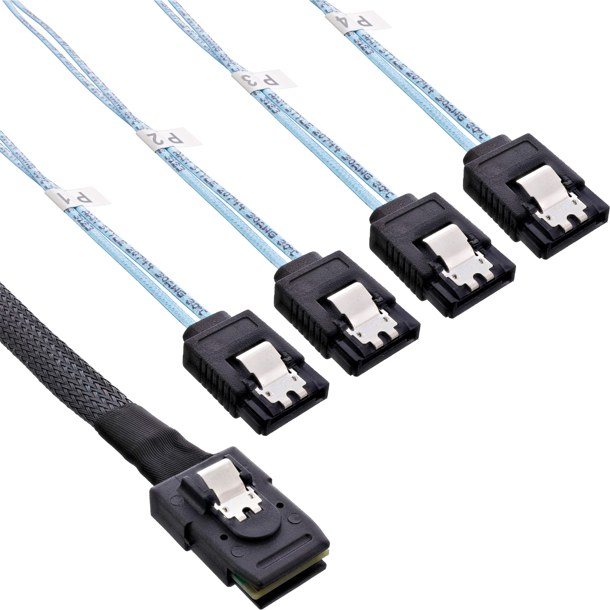 Das Bild zeigt fünf SATA-Kabel. Die Kabel sind hellblau und mit den Nummern 1-4 versehen. Die Anschlüsse sind schwarz mit silbernen Clips.