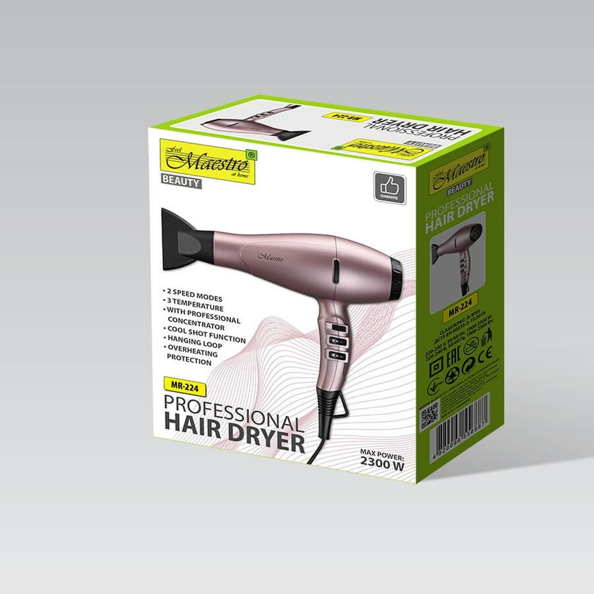 Pudełko suszarki do włosów. Pudełko jest zielono-białe, z przodu różowa suszarka do włosów. Tekst zawiera funkcje i nazwę marki.