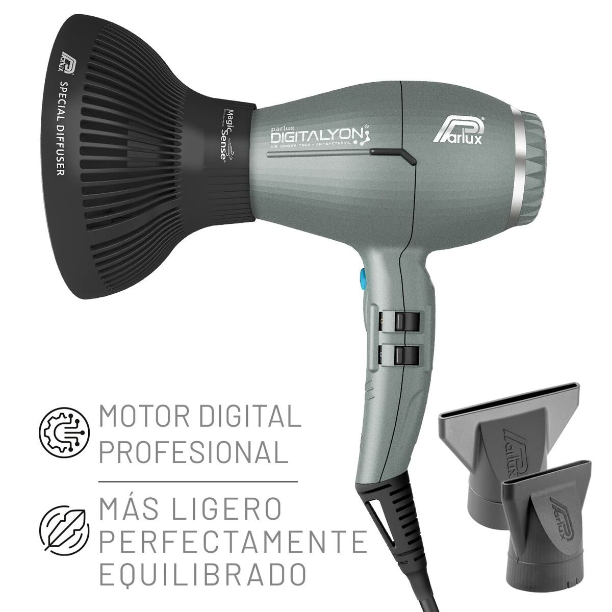 Un asciugacapelli Parlux grigio con diffusore speciale e due beccucci. Il testo include 'DIGITALYON' e 'PROFESIONAL'.
