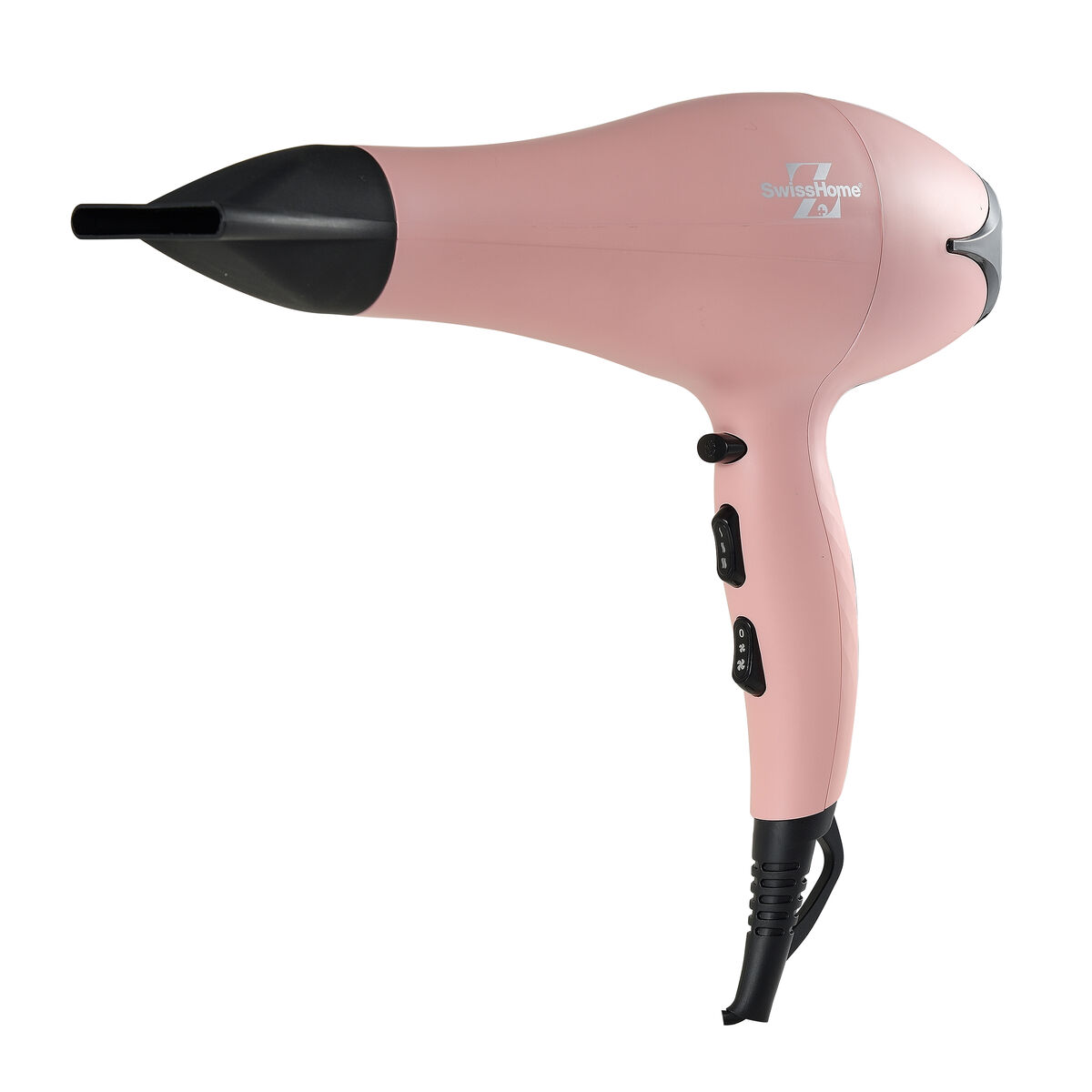 Un asciugacapelli rosa Swiss Home, con ugello e comandi neri, su sfondo bianco.
