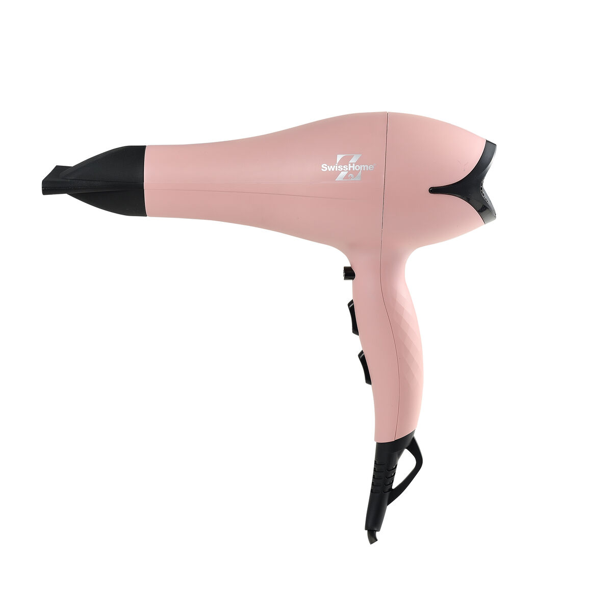 Un asciugacapelli SwissHome rosa su sfondo bianco. Ha un ugello nero e dettagli dell'impugnatura.
