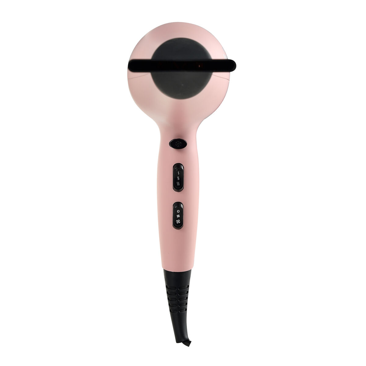 Un asciugacapelli rosa su sfondo bianco. Ha una testa arrotondata con una fascia nera e un lungo manico con pulsanti.