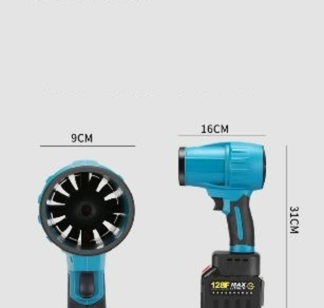 Zwei Ansichten eines blau-schwarzen, kabellosen Hand-Suchscheinwerfers. Abmessungen sind beschriftet: 9 cm, 16 cm und 31 cm.