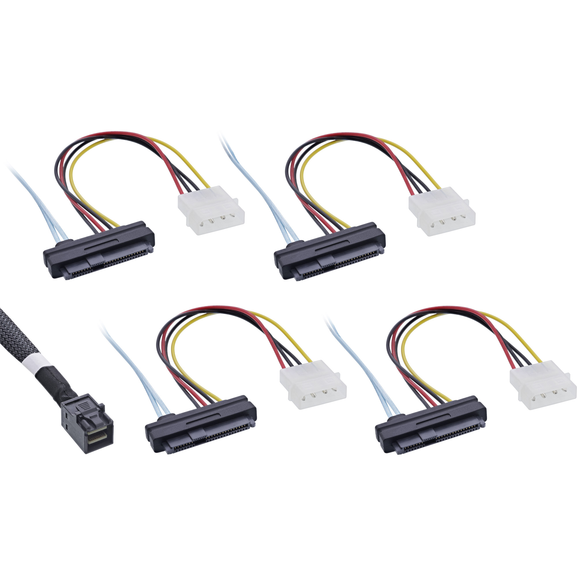 Mehrere SATA-Stromkabel sind abgebildet. Jedes hat einen schwarzen Stecker, einen weißen Stecker und rote, gelbe, schwarze Drähte. Der Hintergrund ist weiß.
