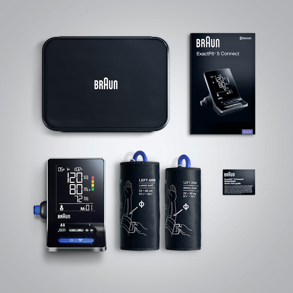 Ciśnieniomierz Braun ExactFit 5 Connect i akcesoria leżą na jasnoszarej powierzchni, w tym etui i instrukcje.