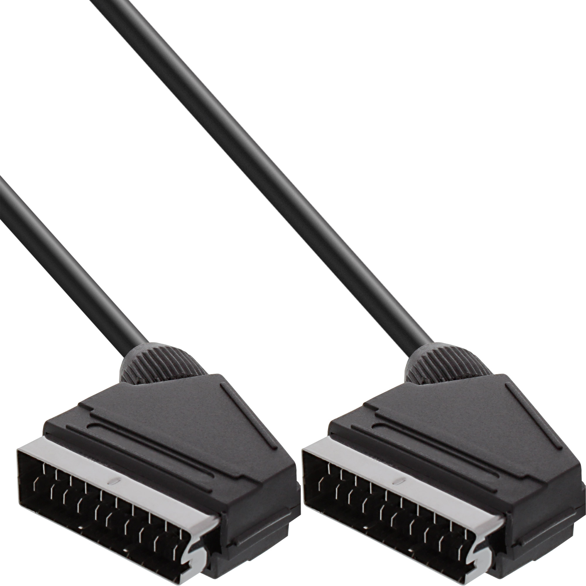 Zwei schwarze SCART-Anschlüsse mit Kabeln, angewinkelt. Silberne Anschlüsse. Weißer Hintergrund.