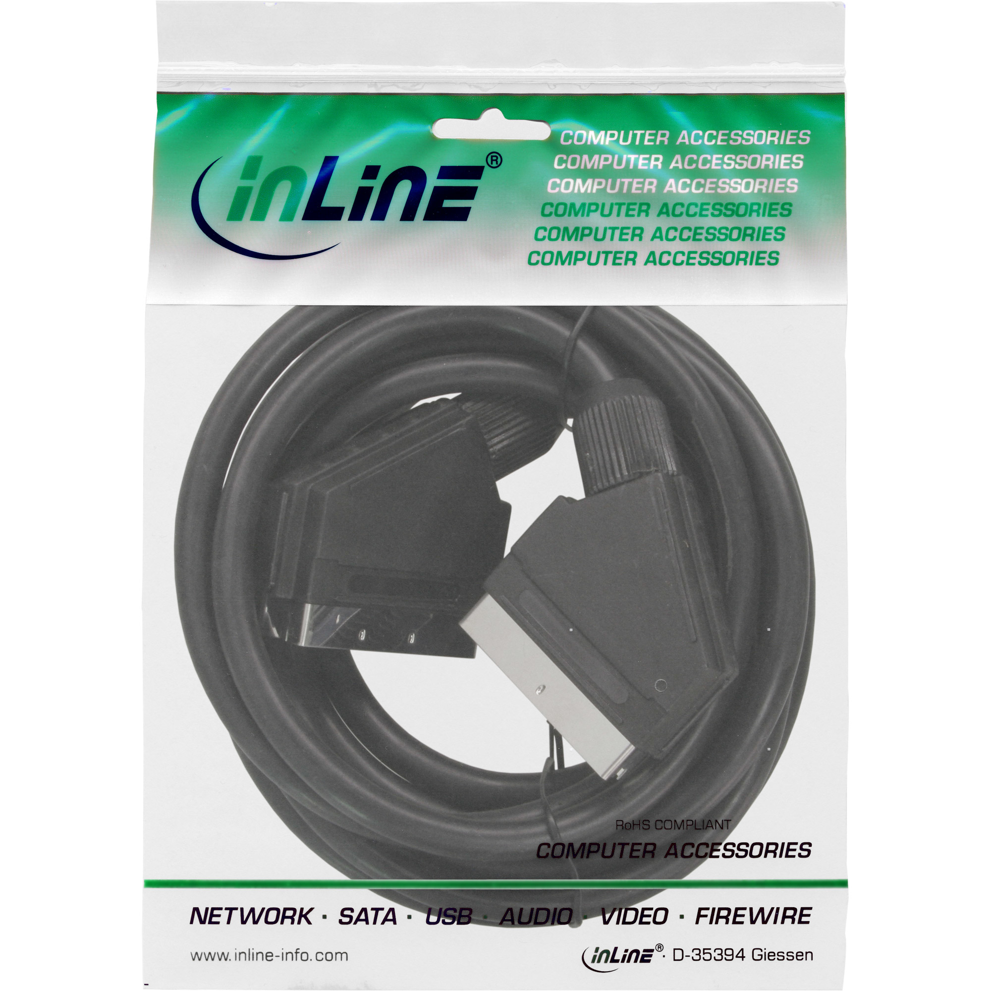Ein schwarzes SCART-Kabel in der Verpackung mit dem Logo 'inLine' und Produktinformationen.