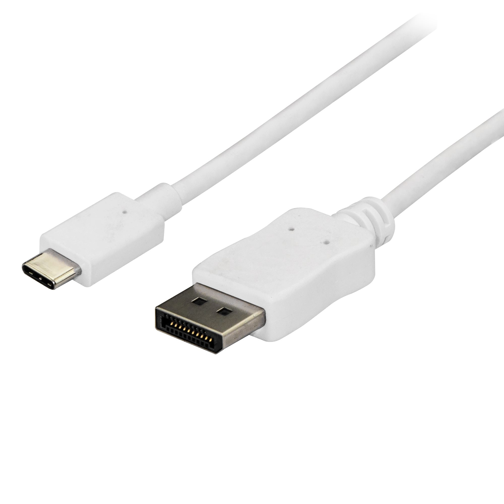 Un cable DisplayPort blanco con un conector USB-C y DisplayPort sobre fondo blanco.