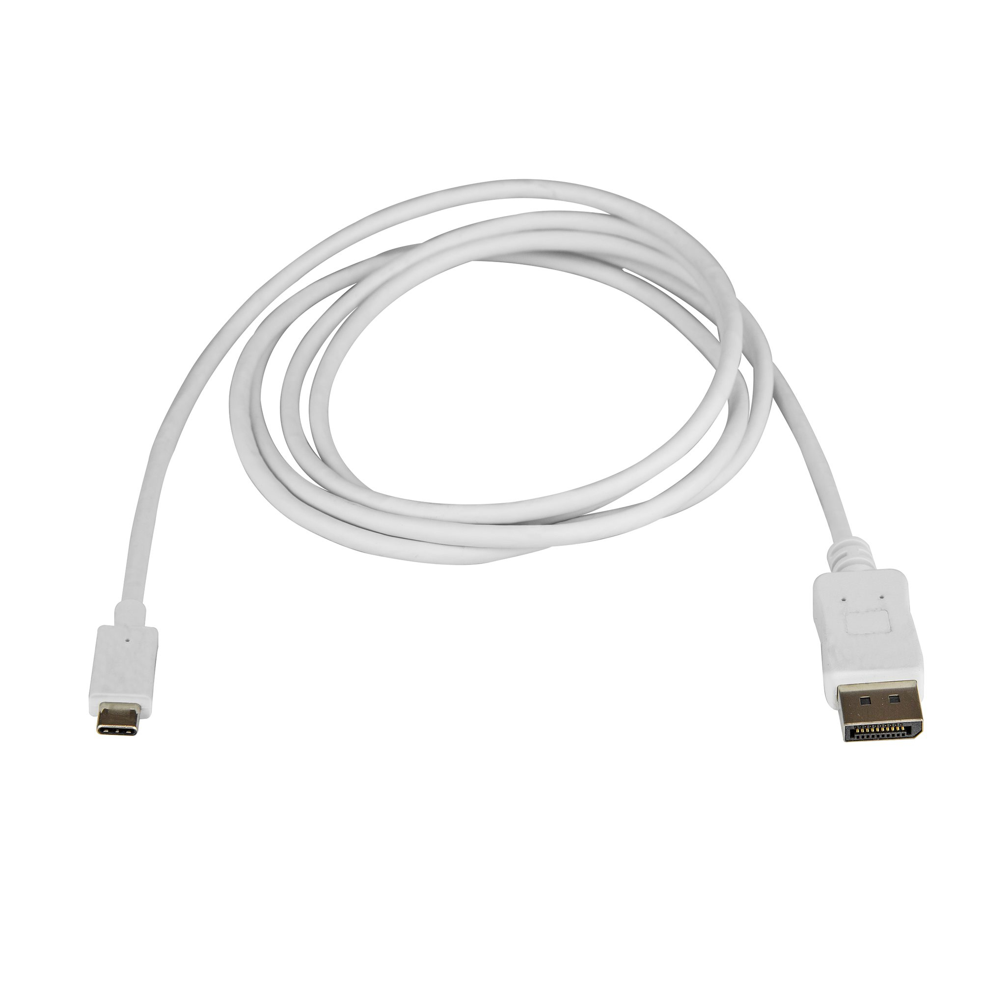 Un cable DisplayPort blanco con un conector USB-C en un extremo y un conector DisplayPort en el otro, sobre un fondo blanco.