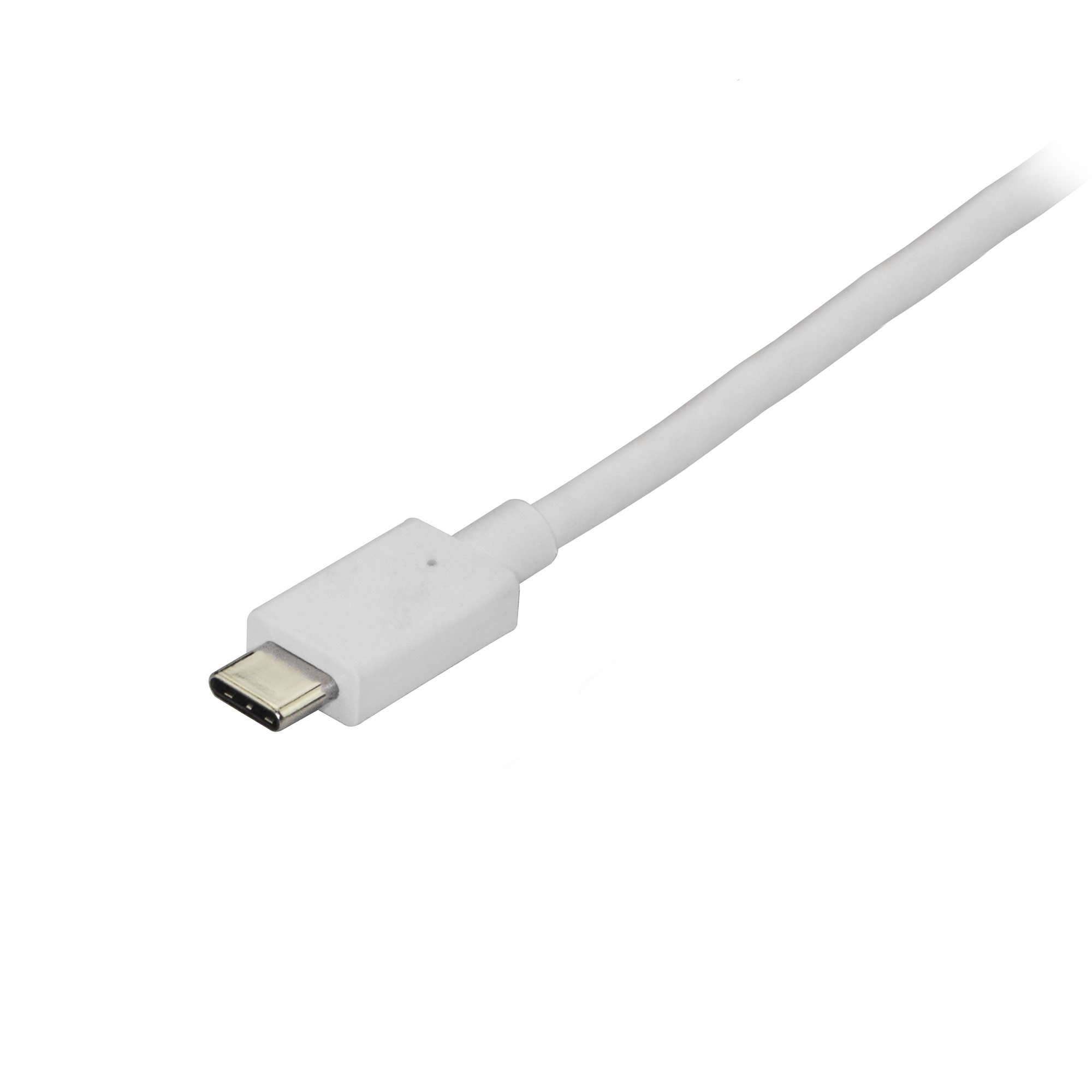 Un cable USB-C blanco. Conector a la izquierda, cable se extiende a la derecha. Fondo blanco.
