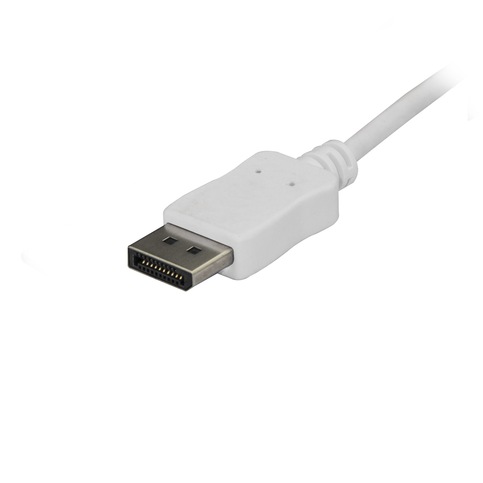 Cable DisplayPort blanco sobre fondo blanco. El conector es visible, mostrando pines.