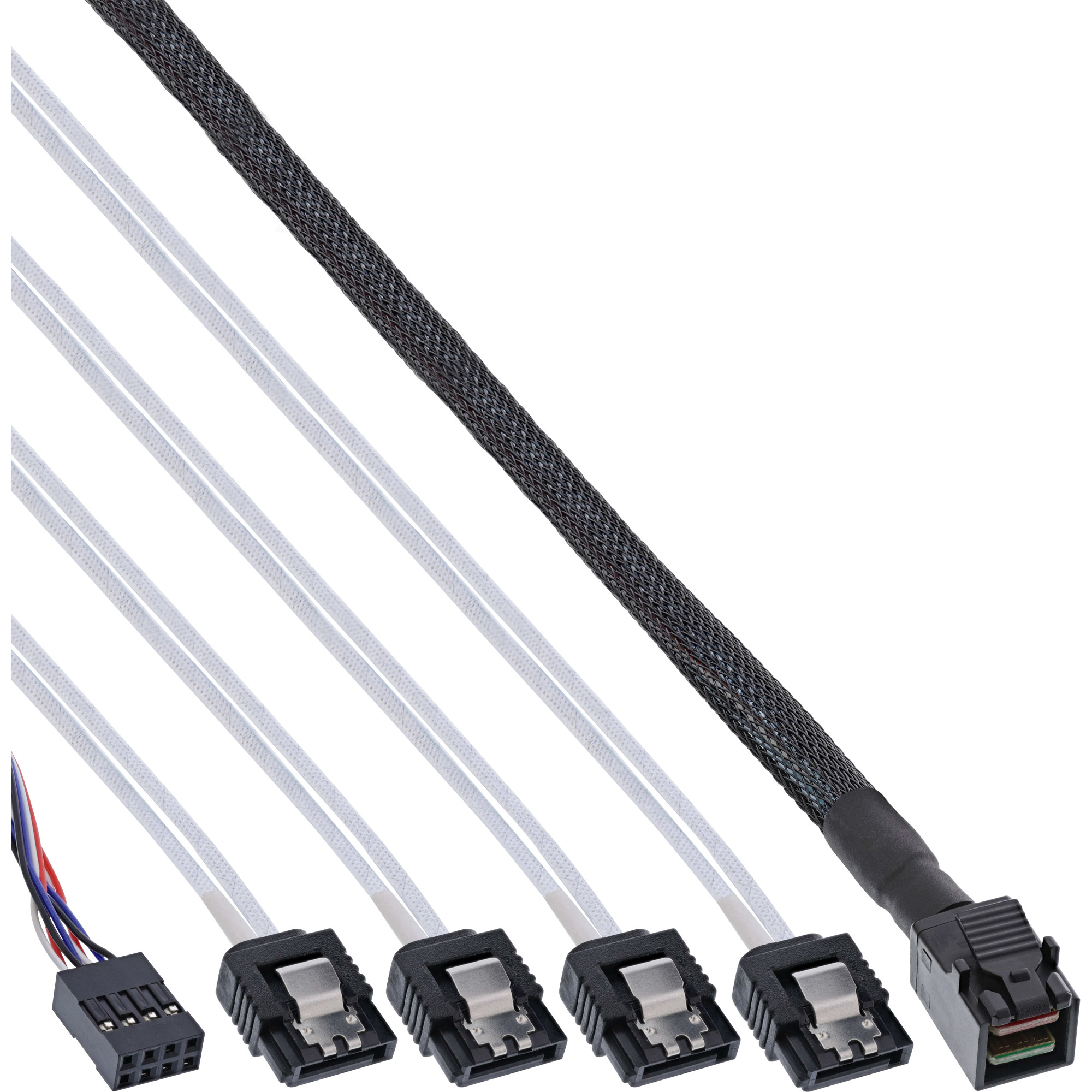 Mehrere SATA-Kabel mit weißer und schwarzer Ummantelung. Anschlüsse und ein schwarzes Maschenkabel sind sichtbar.