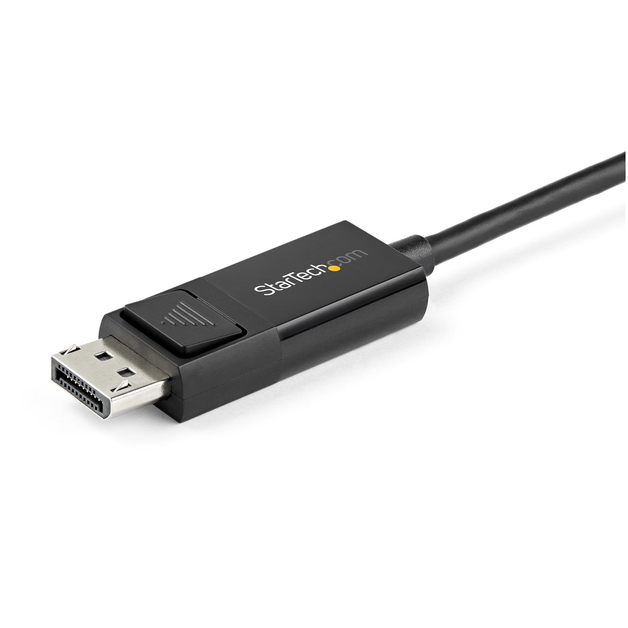 Un cable DisplayPort con conector y cable negros. El conector tiene un puerto plateado. La marca es visible.