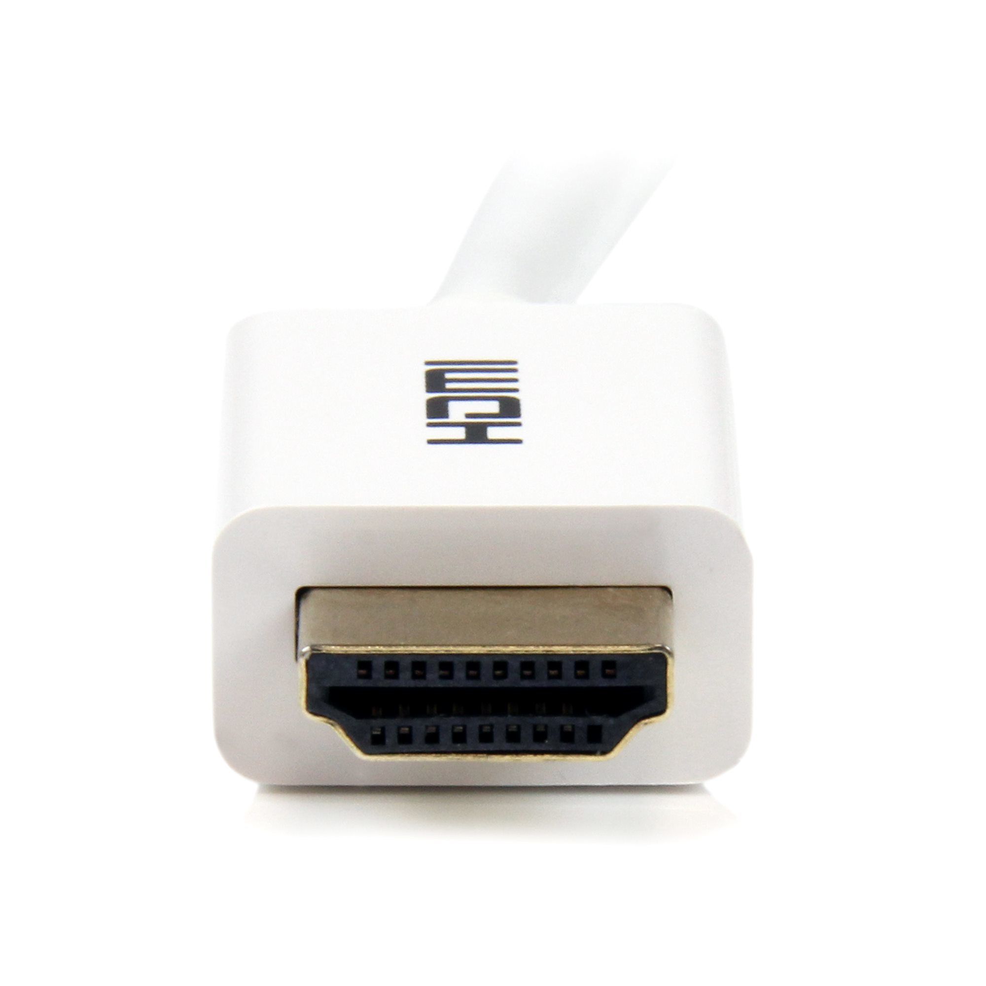 Un conector HDMI blanco con interior negro y las letras 'EOH' impresas en la superficie blanca, aislado sobre blanco.