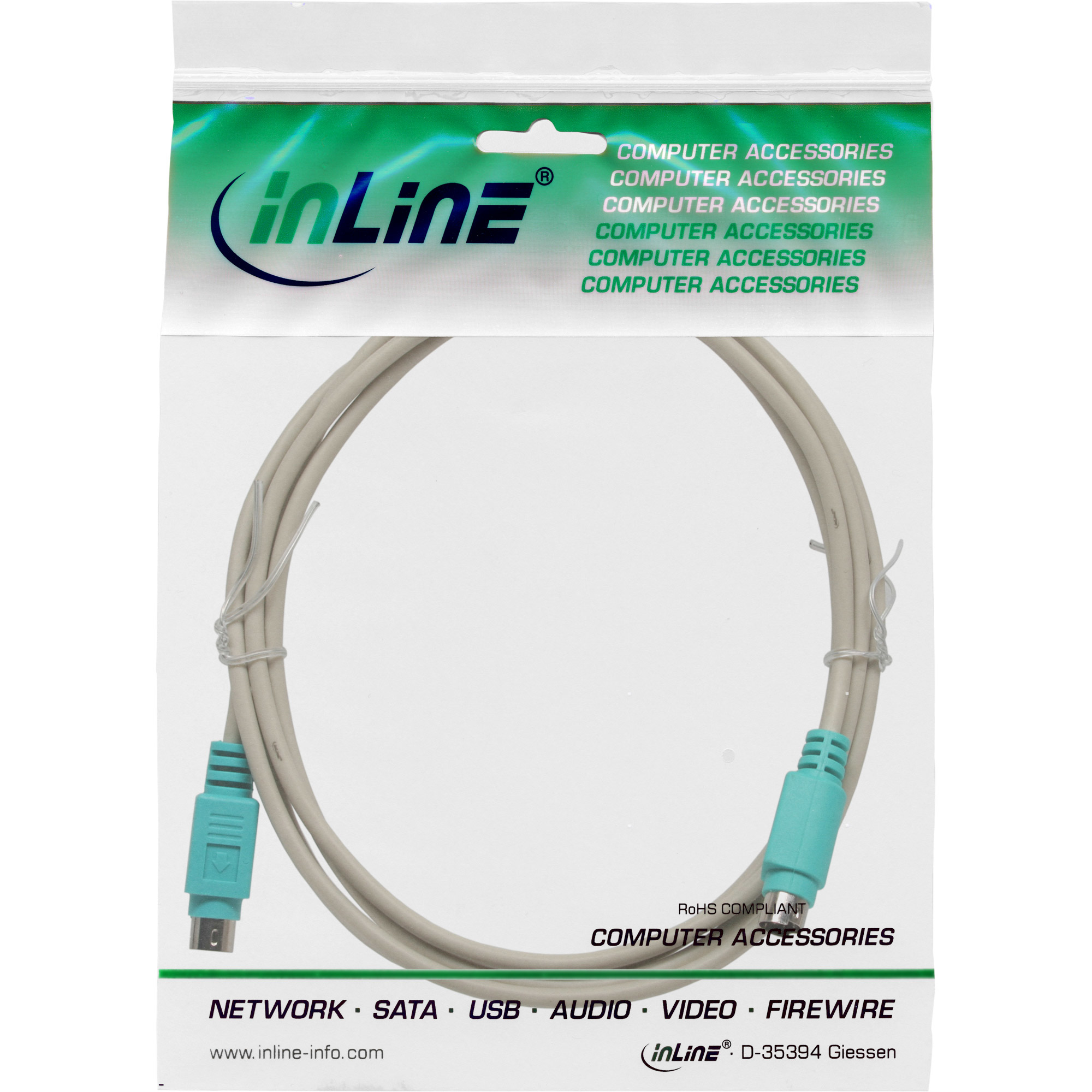 Ein Computerkabel in einer Plastikverpackung. Das Kabel ist grau mit türkisfarbenen Steckern. Die Verpackung hat das 'inLine'-Logo.