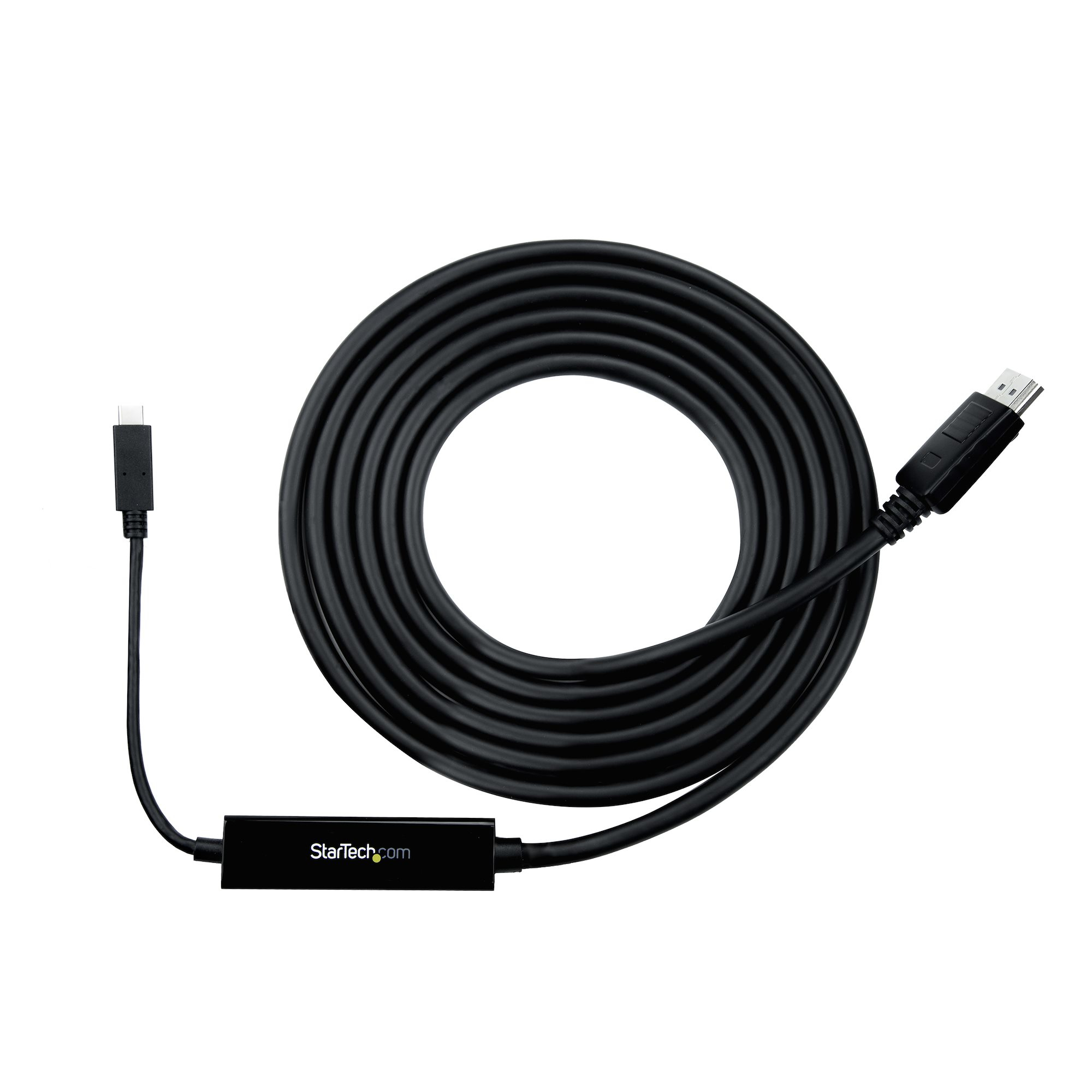 Cable negro con conectores USB-C y DisplayPort, enrollado sobre fondo blanco. El cable tiene el logo de StarTech.com.