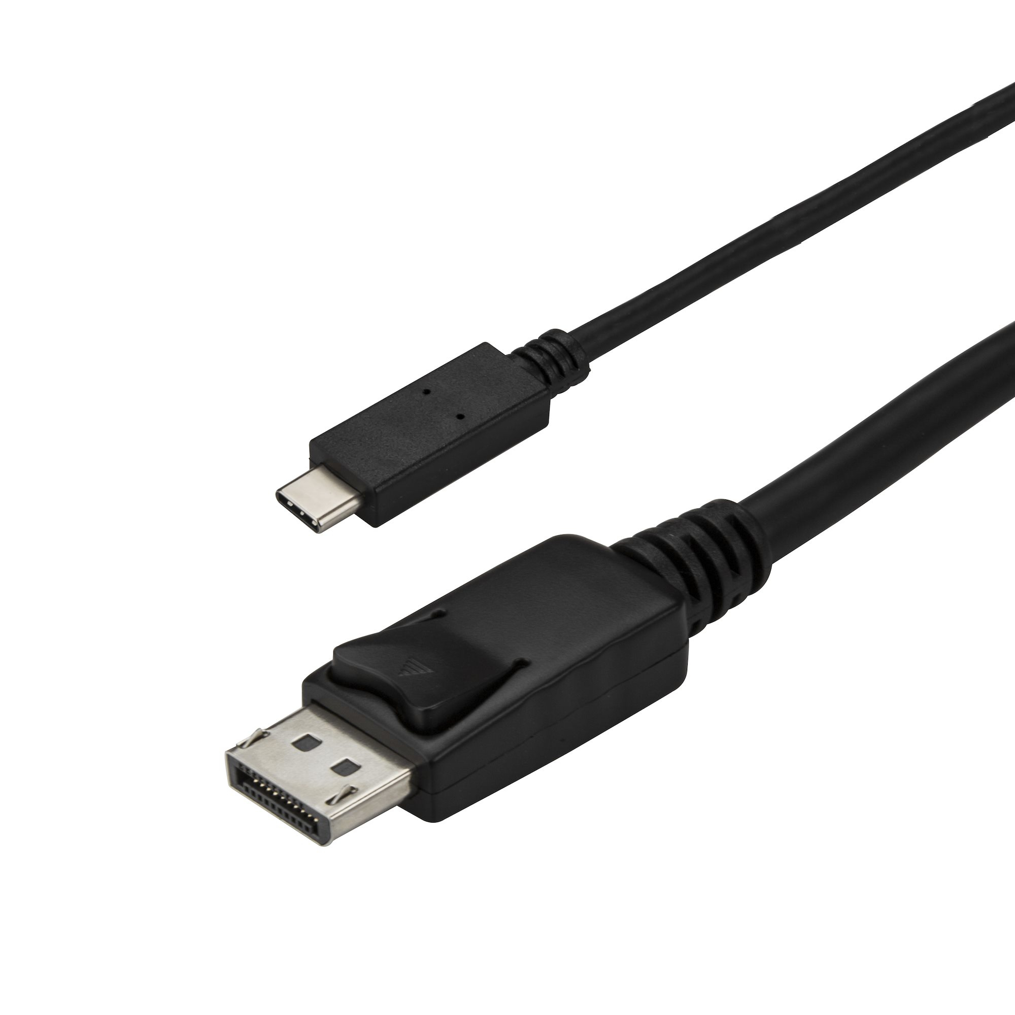 Un cable DisplayPort negro con un conector USB-C en un extremo y un conector DisplayPort en el otro, fondo blanco.