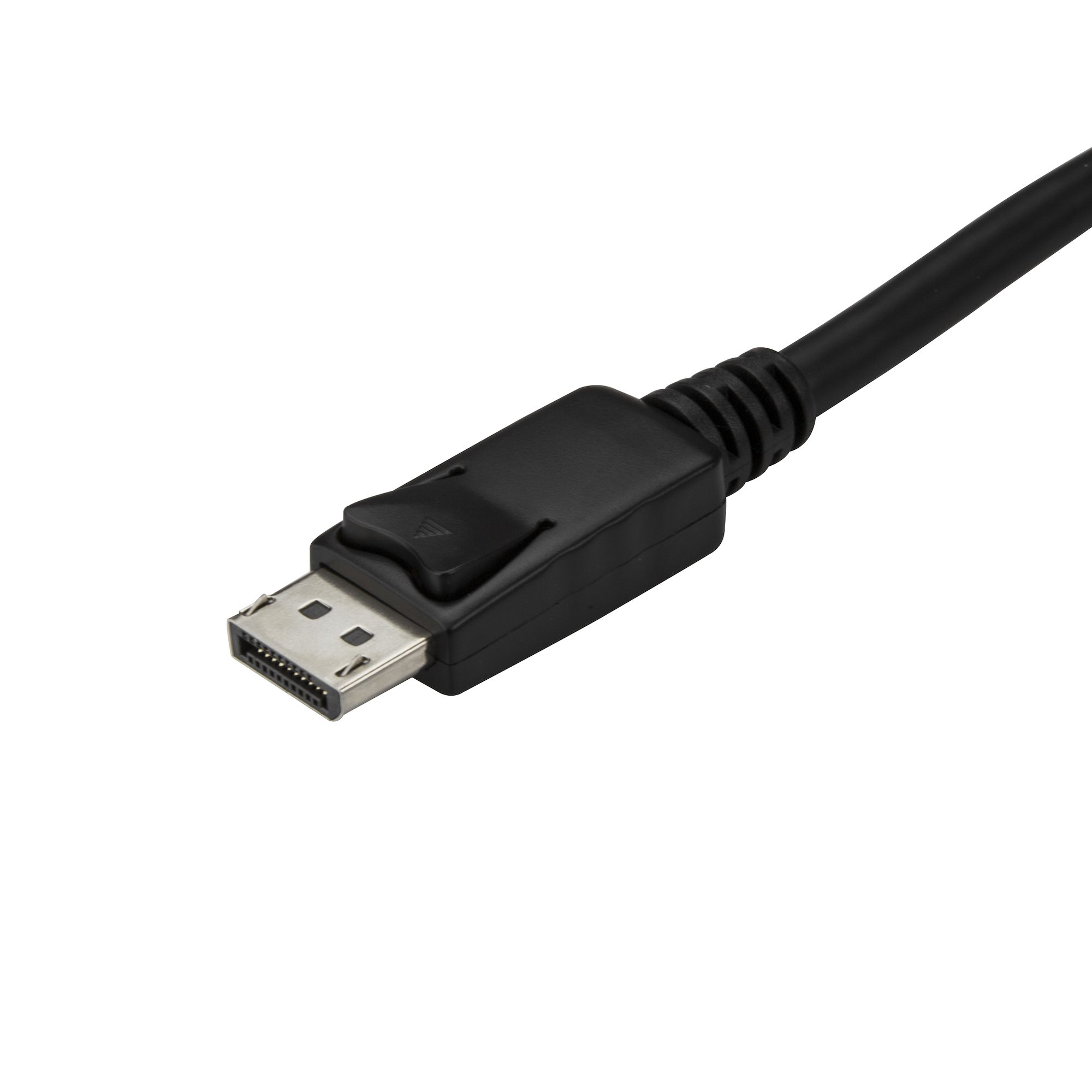 Un cable DisplayPort sobre un fondo blanco. Tiene un conector y cable negros.
