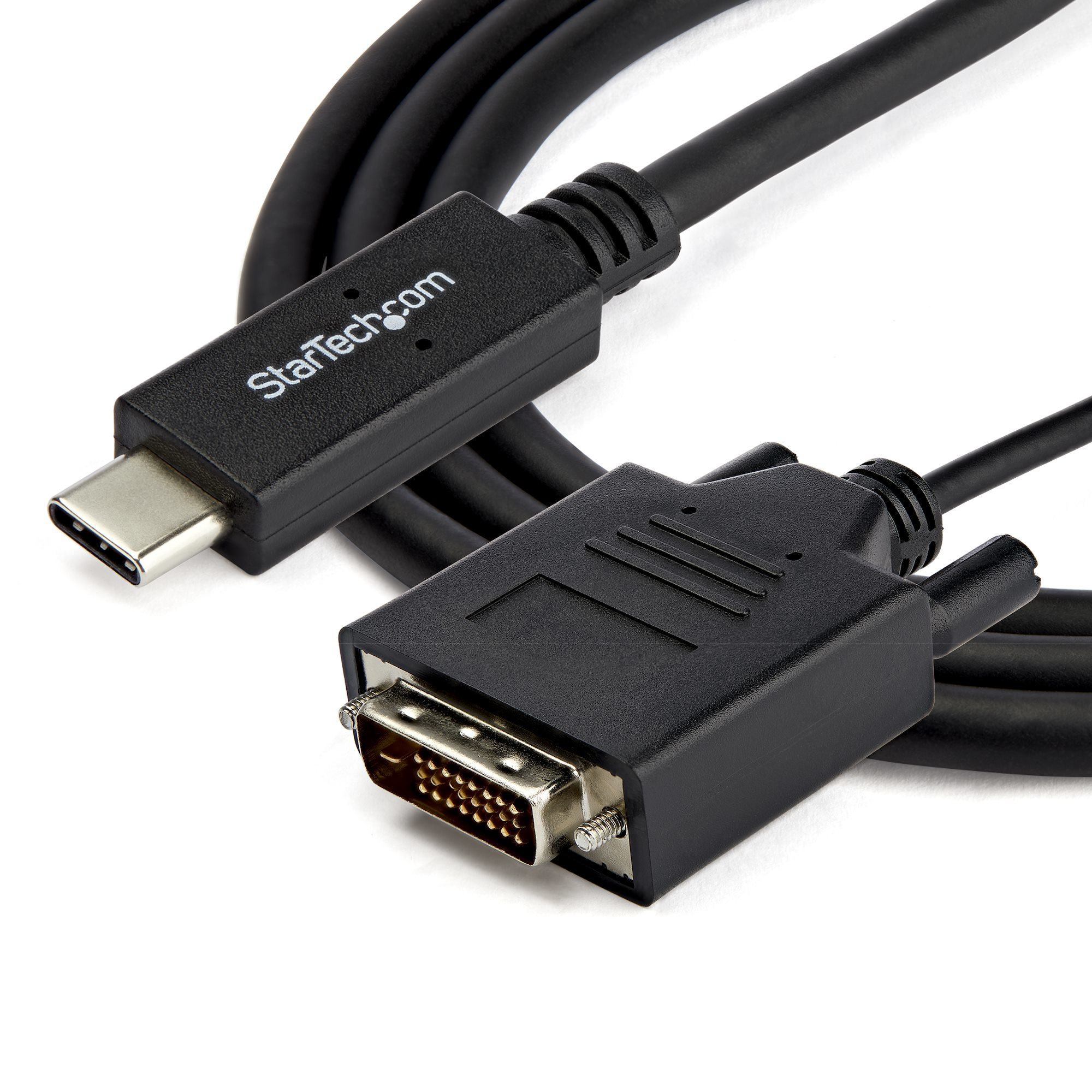 Cable adaptador USB-C a DVI negro sobre fondo blanco. Logotipo 'StarTech.com' visible.