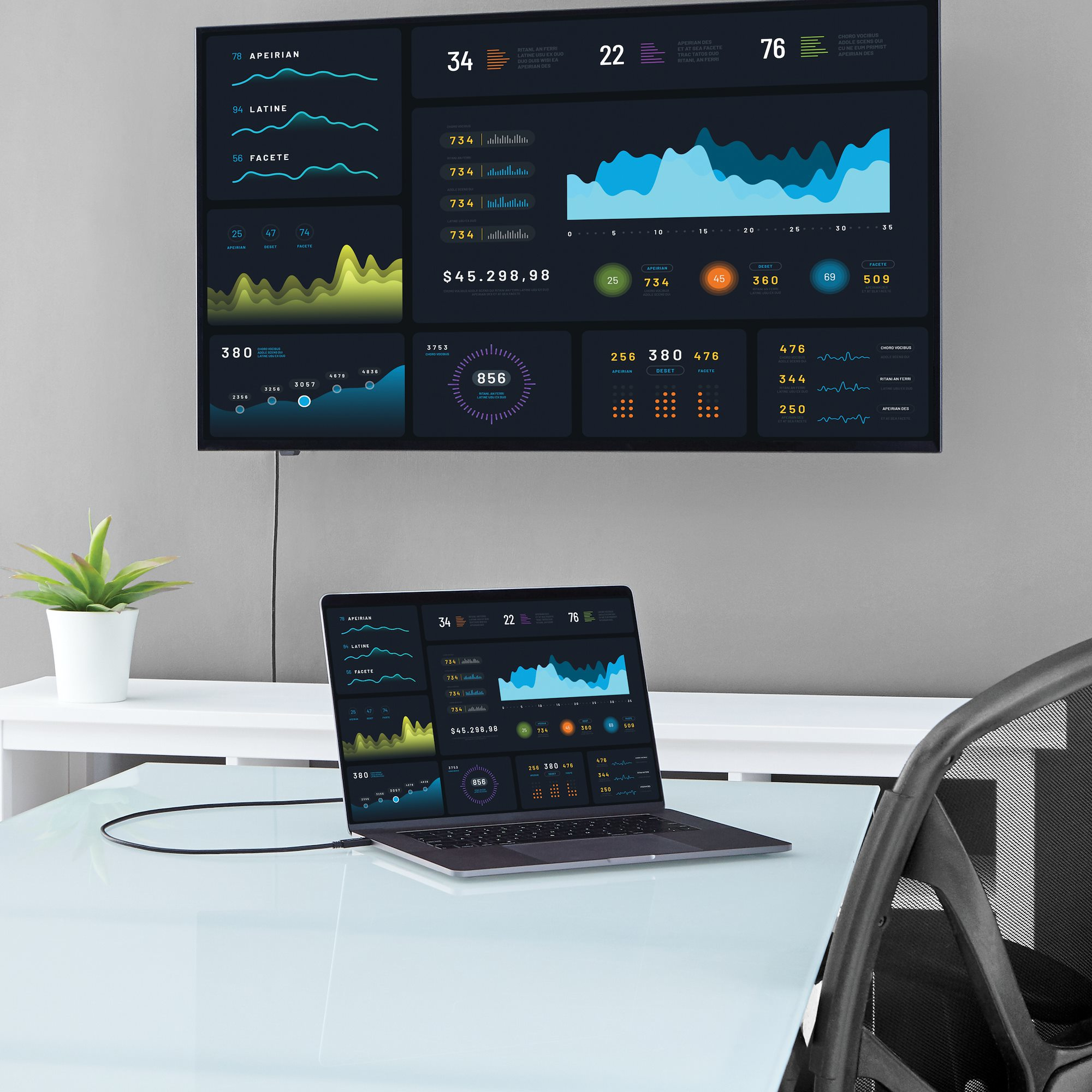 Un portátil en una mesa muestra datos. Una pantalla grande detrás también muestra datos. Una planta a la izquierda.