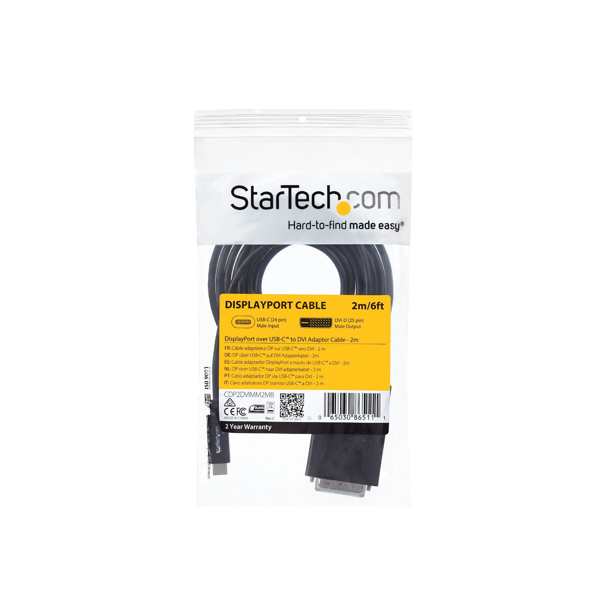 Un cable DisplayPort en un paquete de plástico. El paquete tiene el logotipo de StarTech.com y detalles del producto.