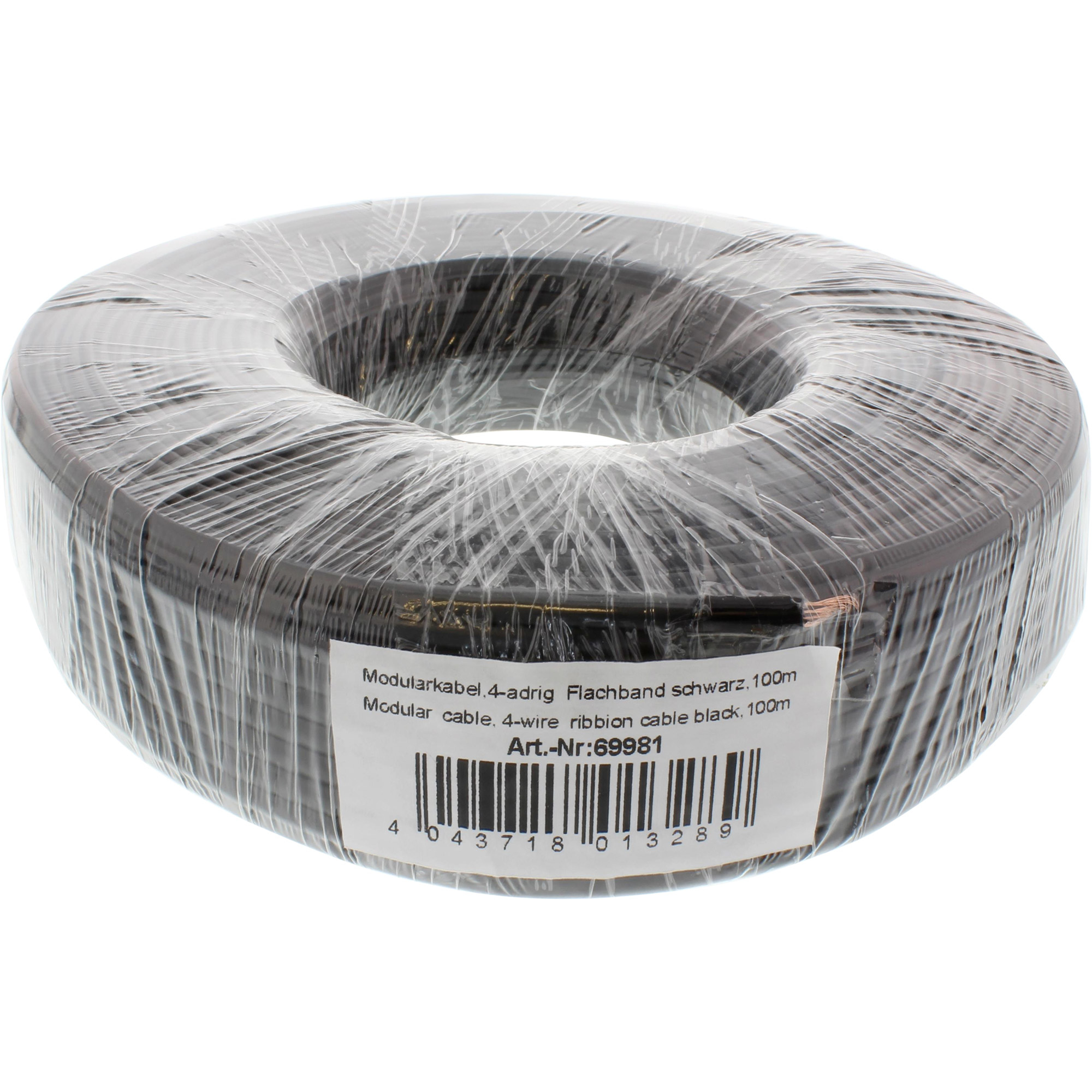 Eine Rolle schwarzes Modularkabel, umwickelt mit klarer Folie, mit Etikett und Barcode.