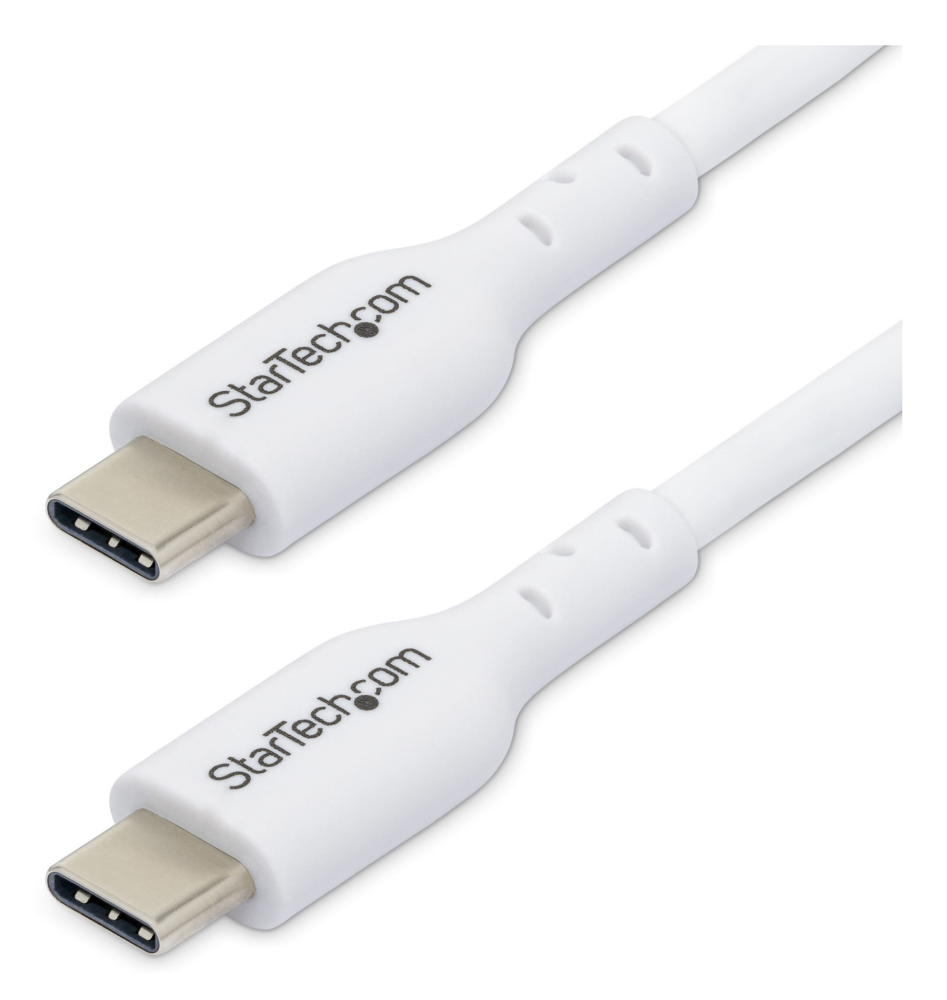 Biały kabel USB-C firmy StarTech.com. Widoczne są dwa złącza. Tło jest białe.