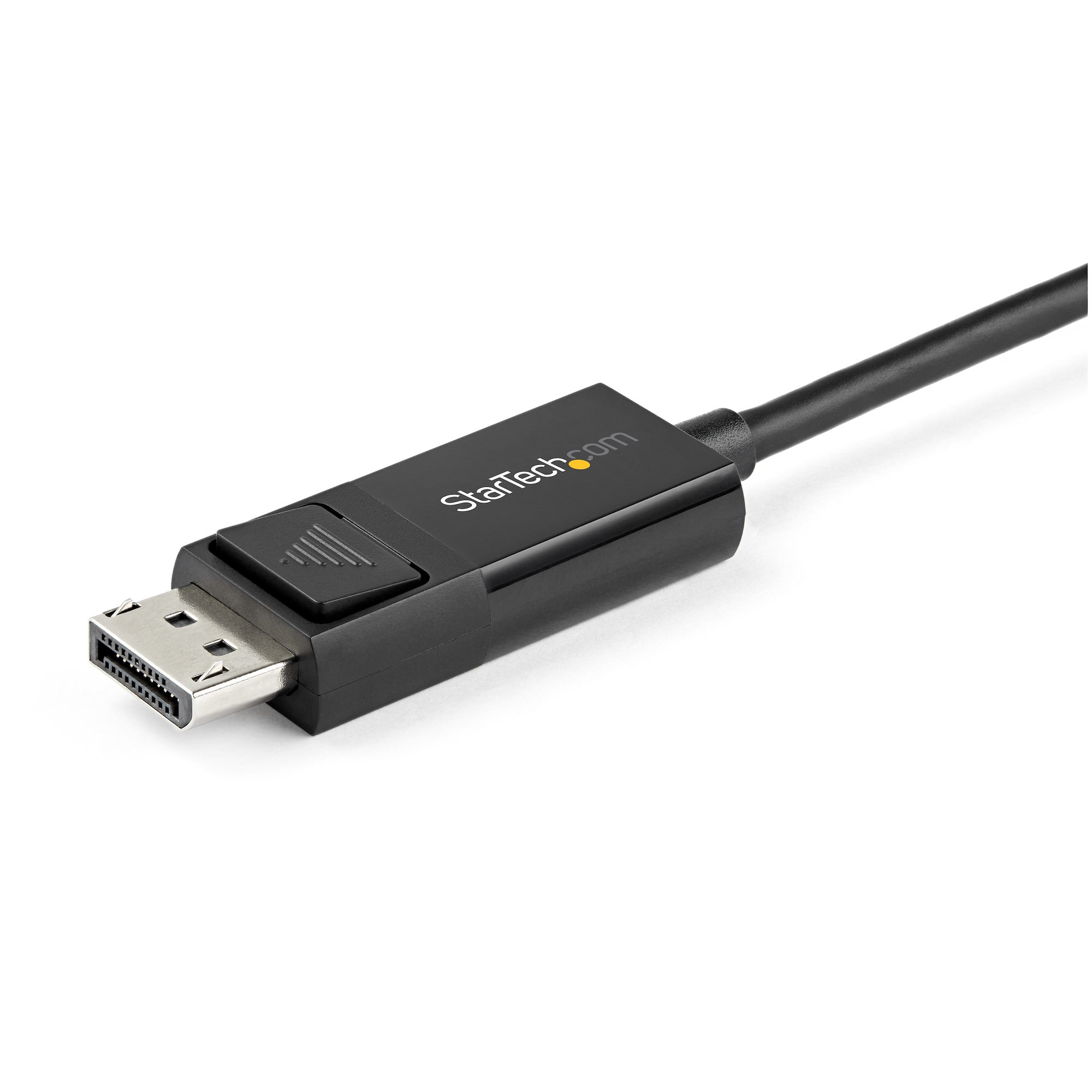 Ein schwarzes DisplayPort-Kabel. Der Stecker trägt das StarTech.com-Logo. Der Hintergrund ist weiß.