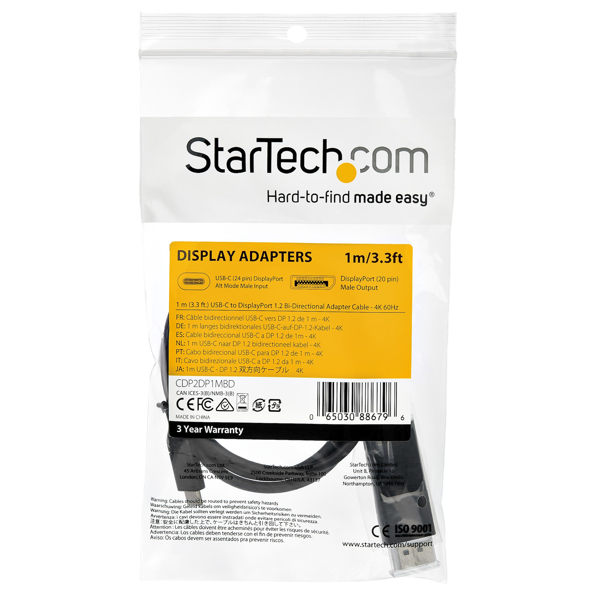 Eine StarTech-Adapterkabelverpackung. Die Verpackung ist weiß mit schwarzem Text und Produktbildern. Das Kabel ist schwarz.