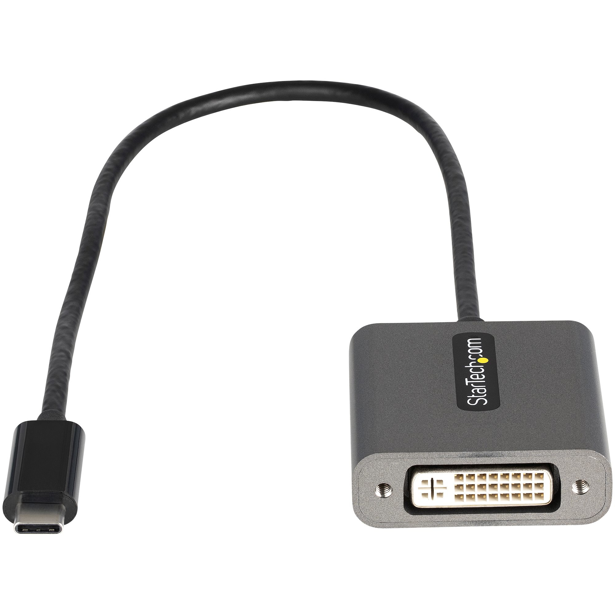 Un cable adaptador gris con un conector USB-C en un extremo y un conector DVI en el otro, fondo blanco.