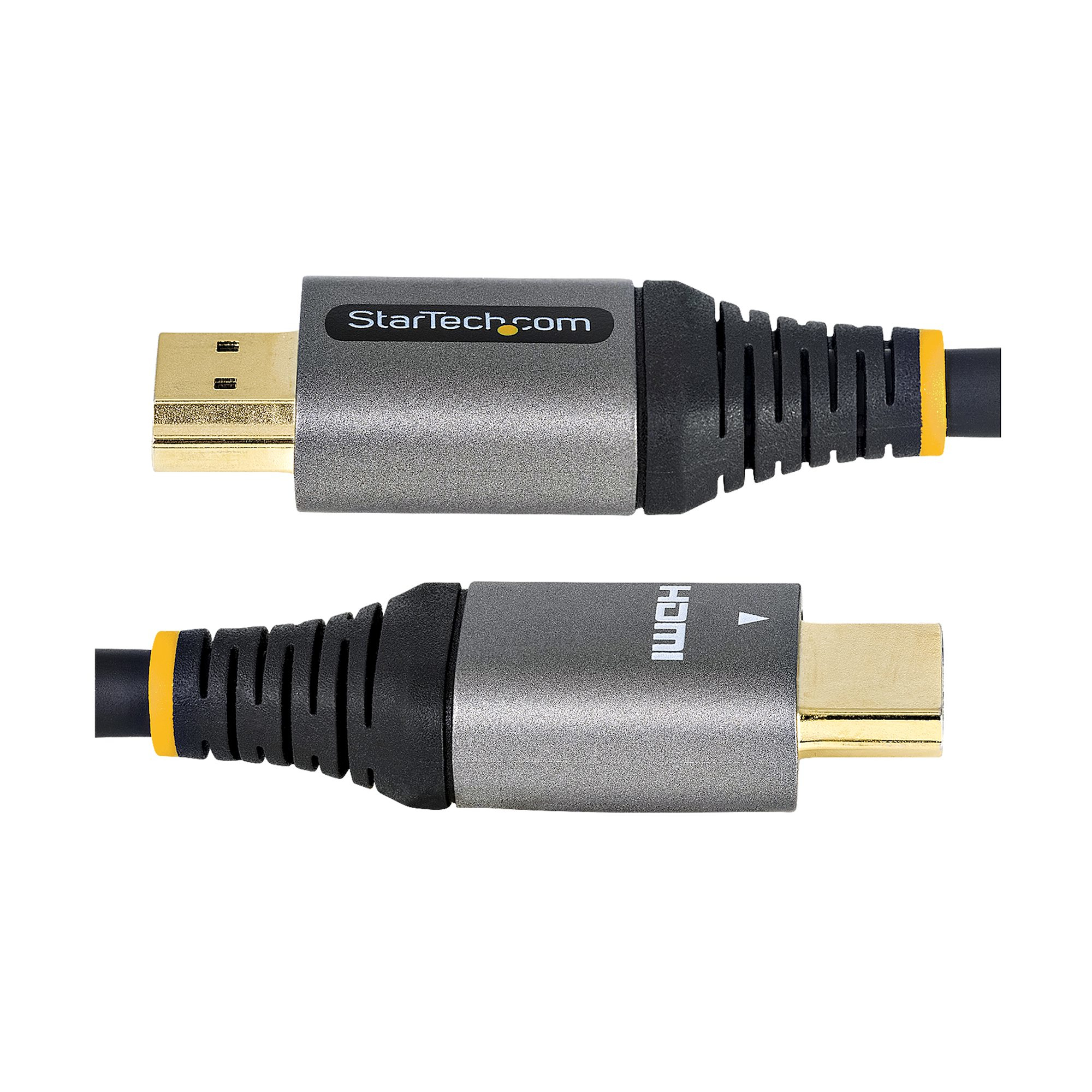 Dos cables HDMI. Conectores grises con el logotipo de StarTech.com y la etiqueta HDMI. Conectores dorados. Detalles negros y amarillos.