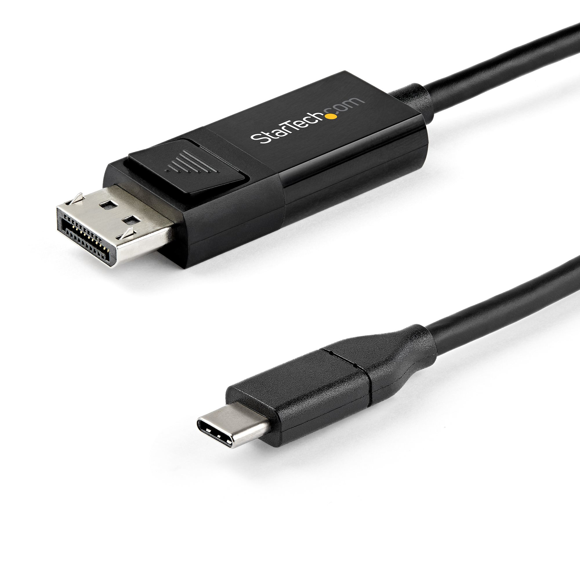 Cable DisplayPort a USB-C negro. Conector DP a la izquierda, USB-C abajo a la derecha. Fondo blanco.