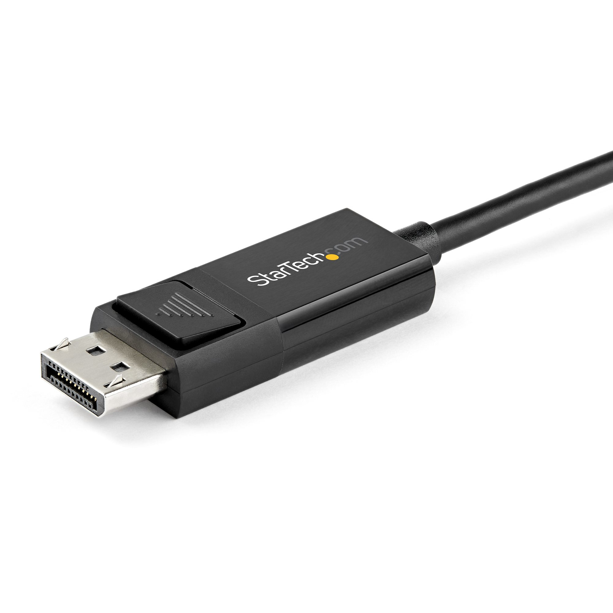 Un cable DisplayPort con conector y cable negros, sobre fondo blanco. La marca es visible en el conector.