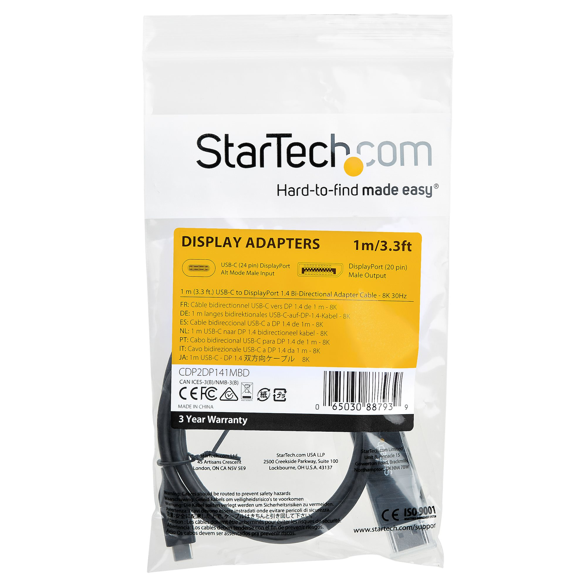 Un paquete de cable adaptador de pantalla StarTech.com. El cable es negro. El paquete muestra detalles y especificaciones.
