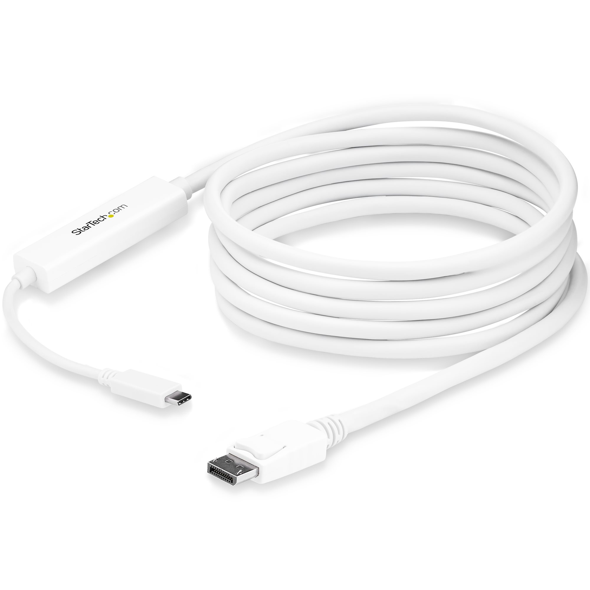 Un cable blanco con dos conectores: USB-C y DisplayPort. El cable está enrollado. 'StarTech.com' está impreso en una parte.