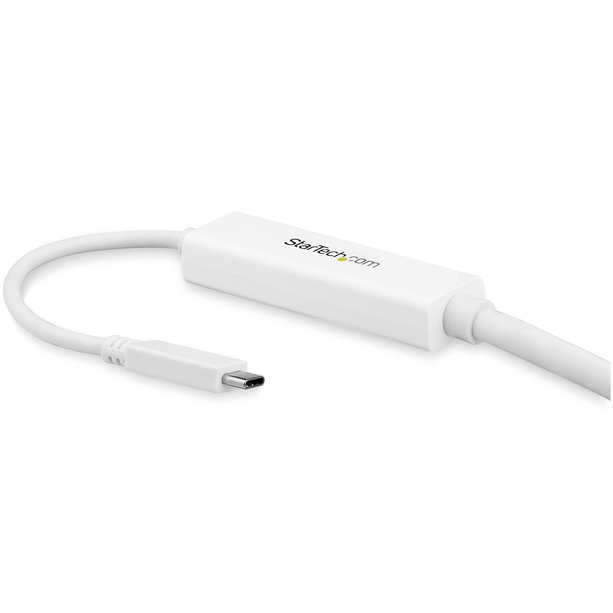 Un cable adaptador USB-C blanco StarTech. Tiene un conector USB-C en un extremo y una caja rectangular en el medio.
