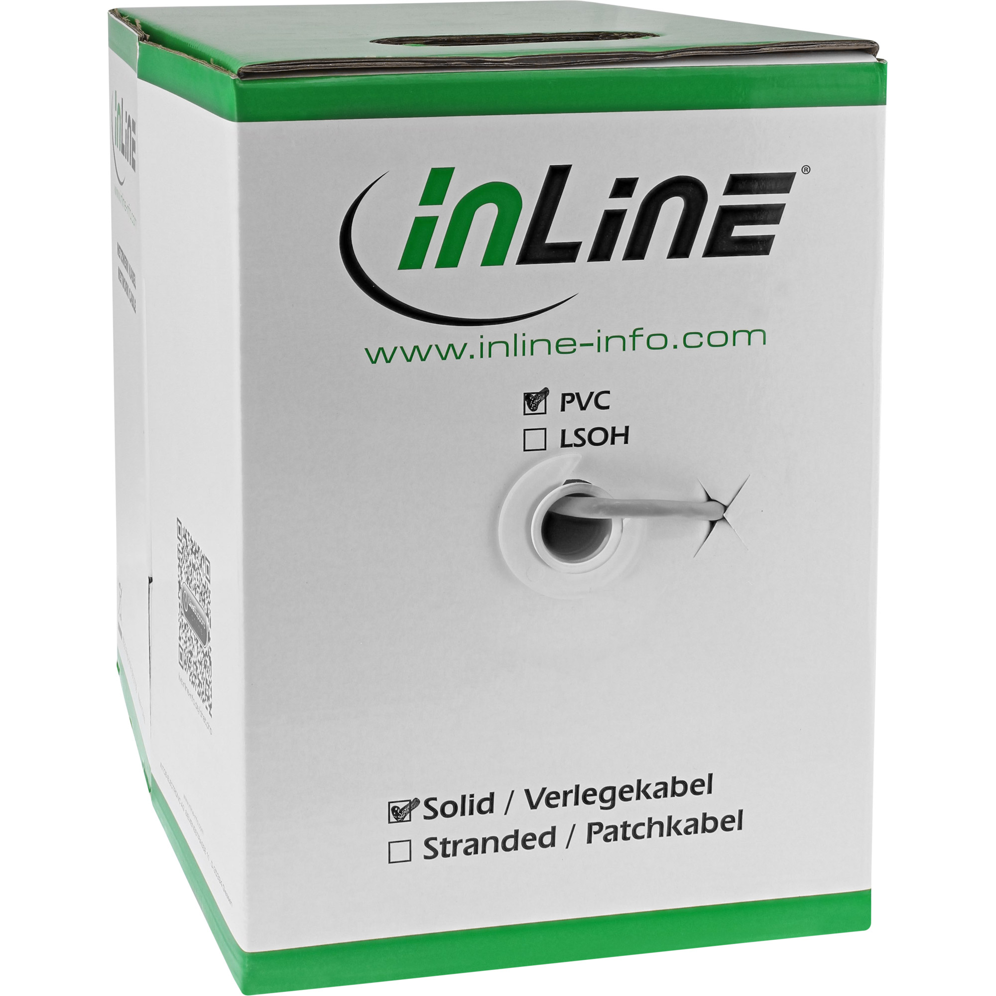 Karton mit grüner Umrandung, Inline-Logo, Kabel. Text enthält PVC, LSO und Kabeltypen.