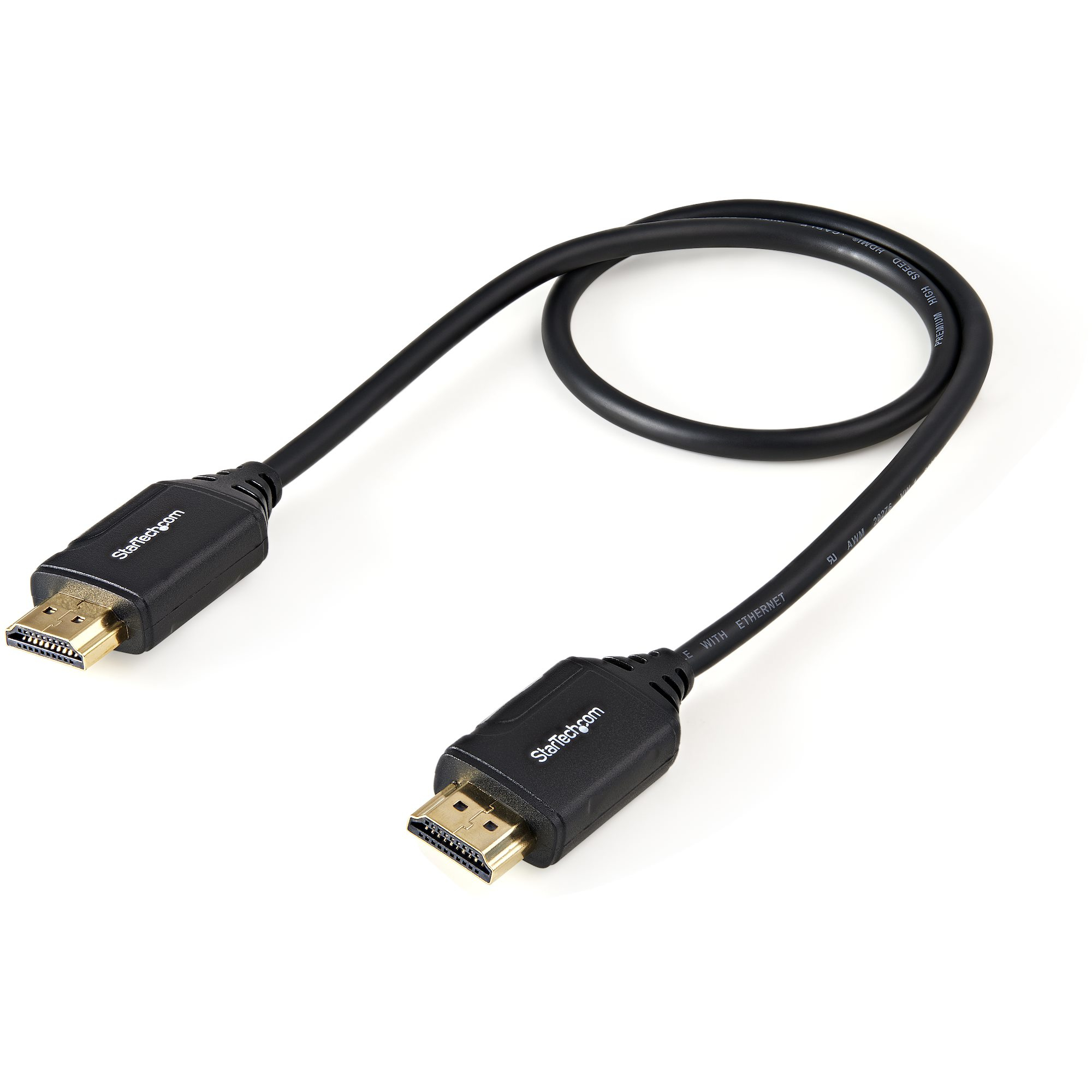 Câble HDMI noir avec connecteurs dorés et logo StarTech.com. Le câble est sur fond blanc.