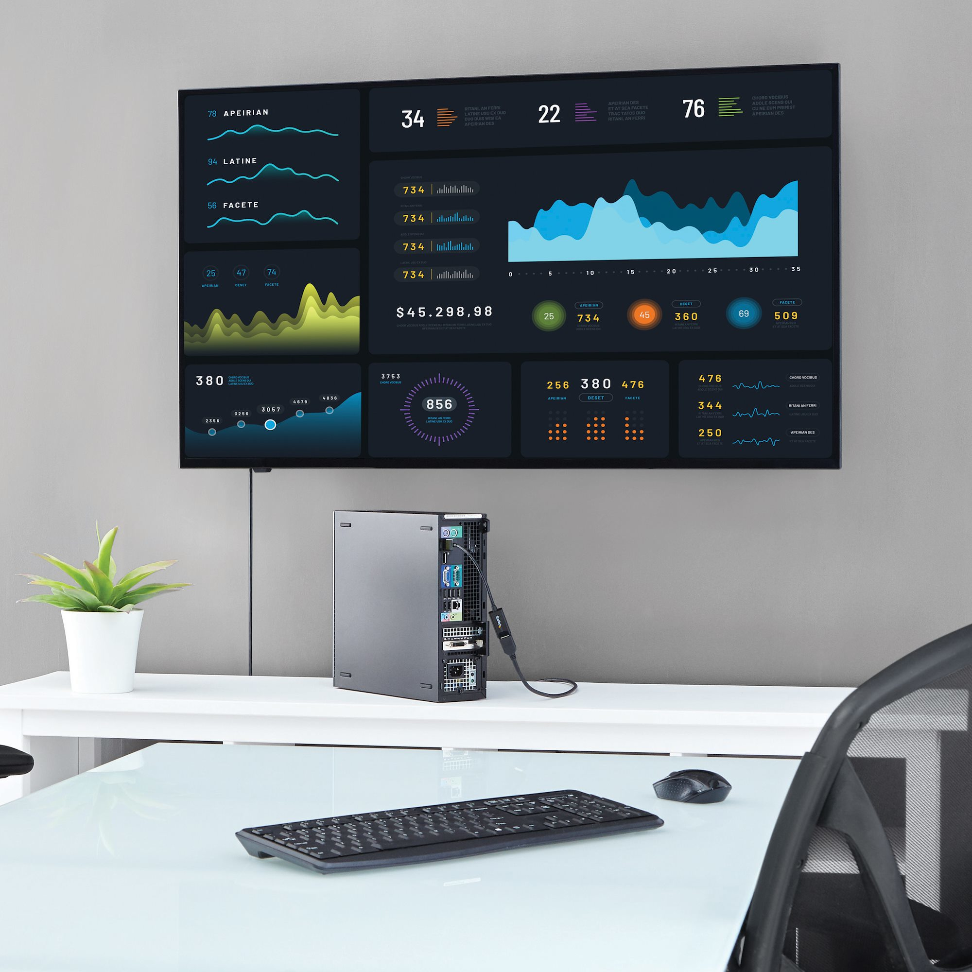 Una configuración de computadora con un monitor que muestra datos, un teclado, un ratón y una pequeña planta.