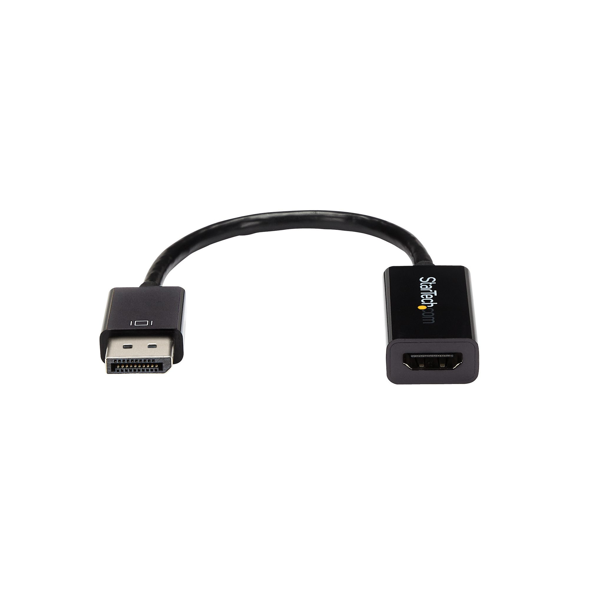 Un cable adaptador negro Startech de DisplayPort a HDMI. Conector DisplayPort en un extremo, HDMI en el otro, conectados por un cable negro.