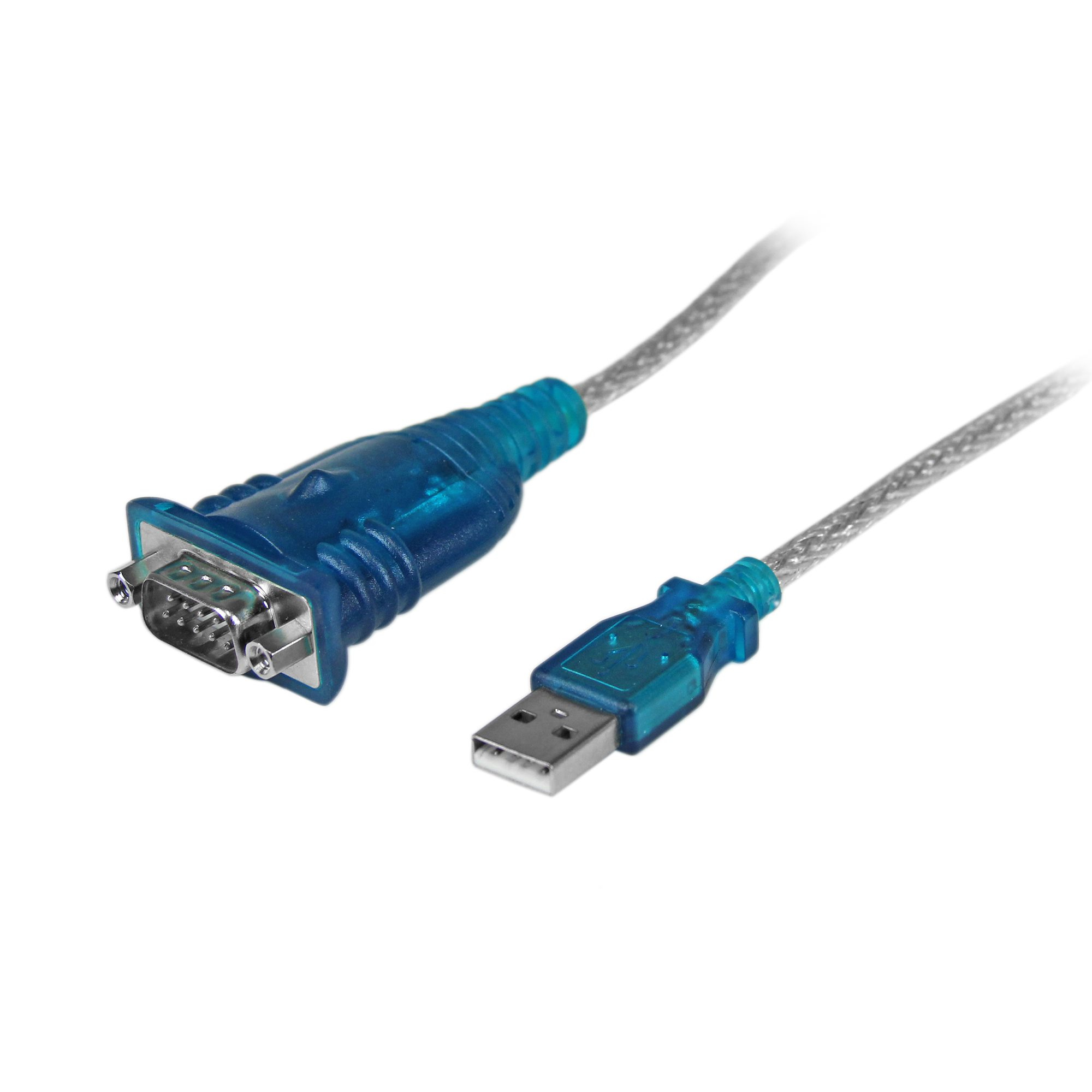 Cable azul de USB a serie sobre fondo blanco. El cable tiene un conector USB y un conector DB9.