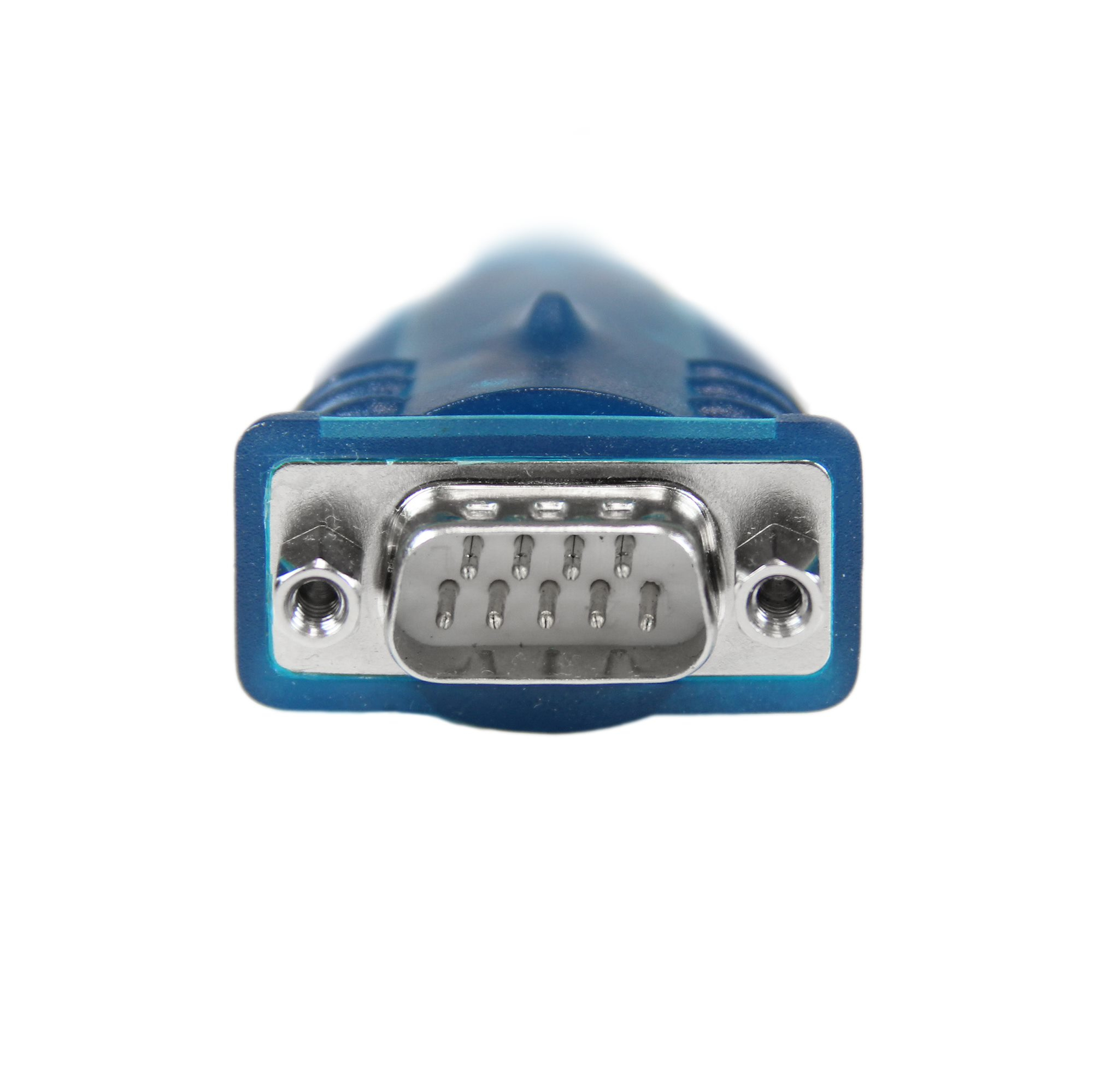 Primer plano de un conector VGA azul con pines metálicos y carcasa plateada, sobre fondo blanco.