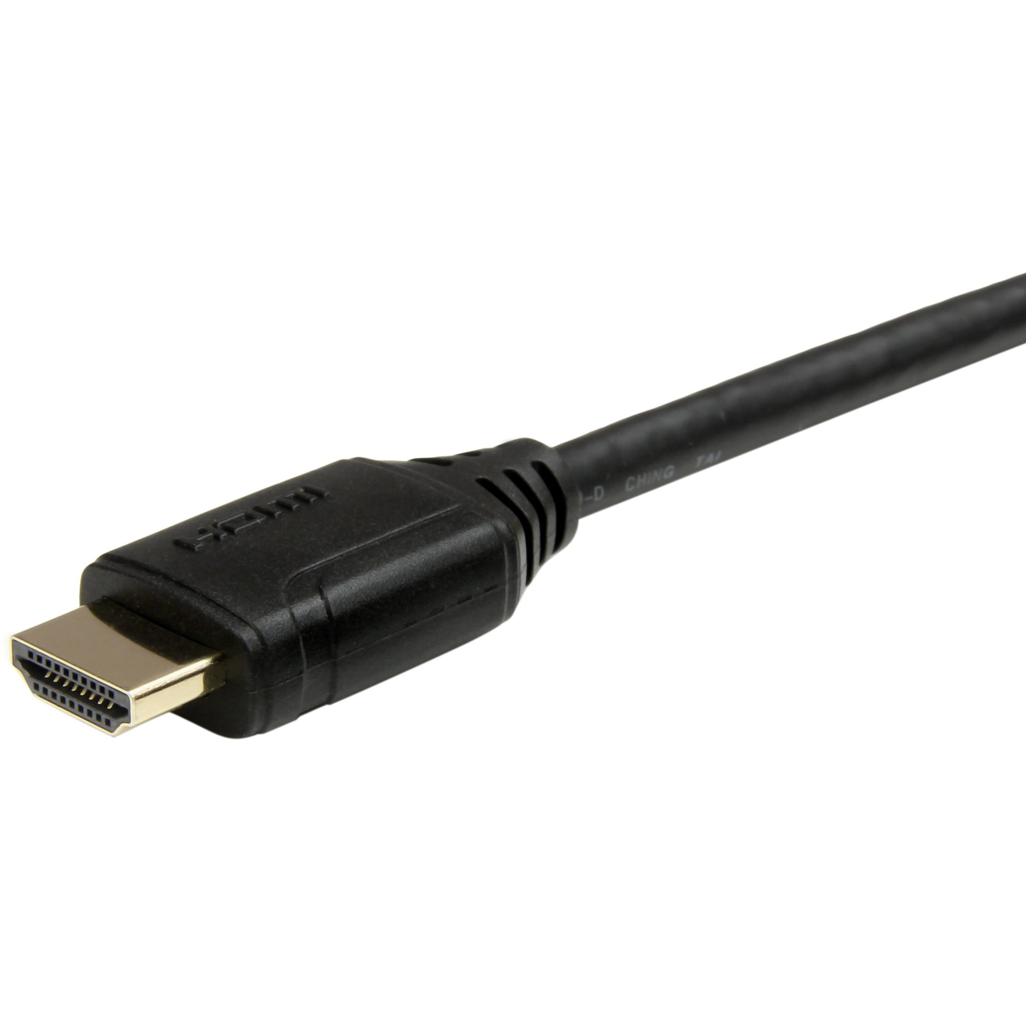 An HDMI cable with a black connector and a gold-colored tip, on a white background.