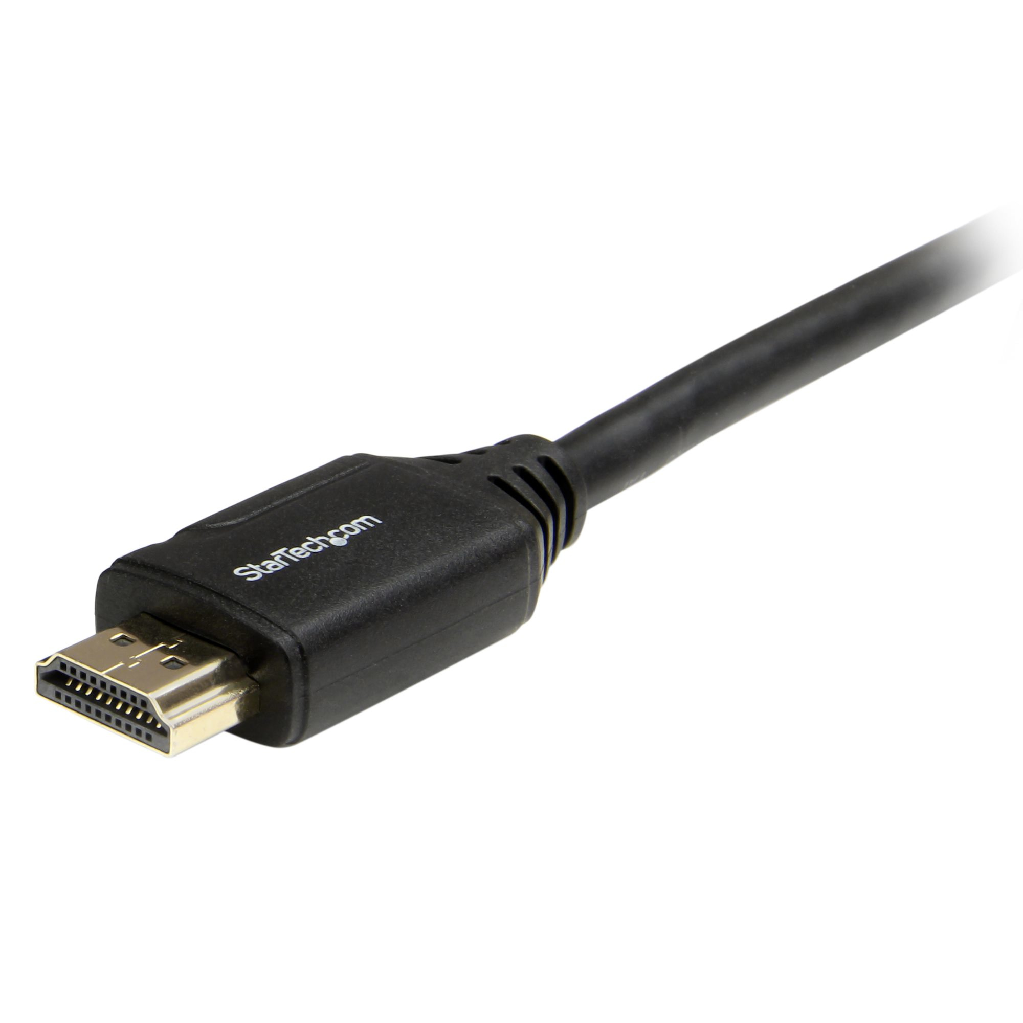 A black HDMI cable on a white background. The connector shows gold pins. The cable is angled.