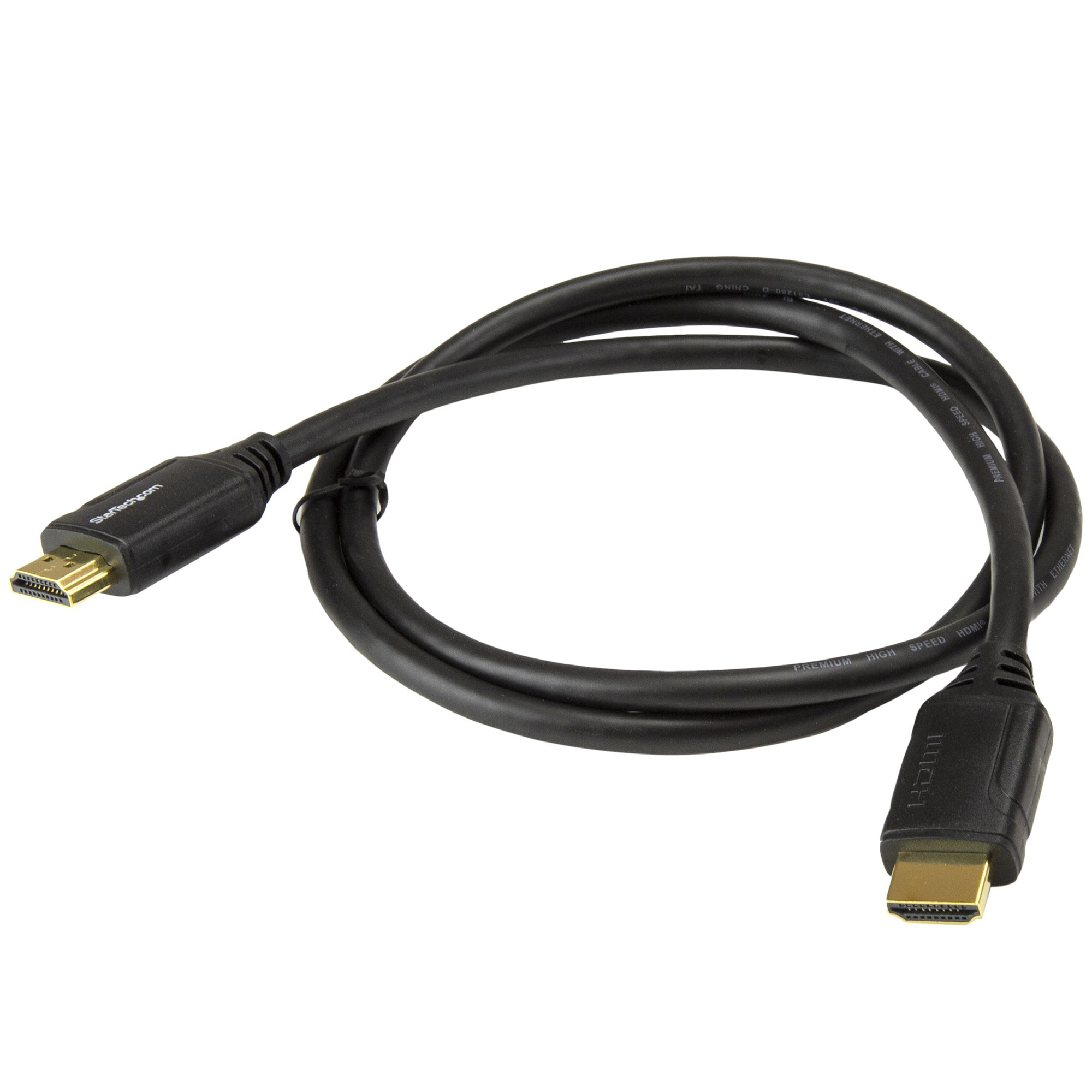 A black HDMI cable on a white background. It has connectors on both ends. The cable is curved.