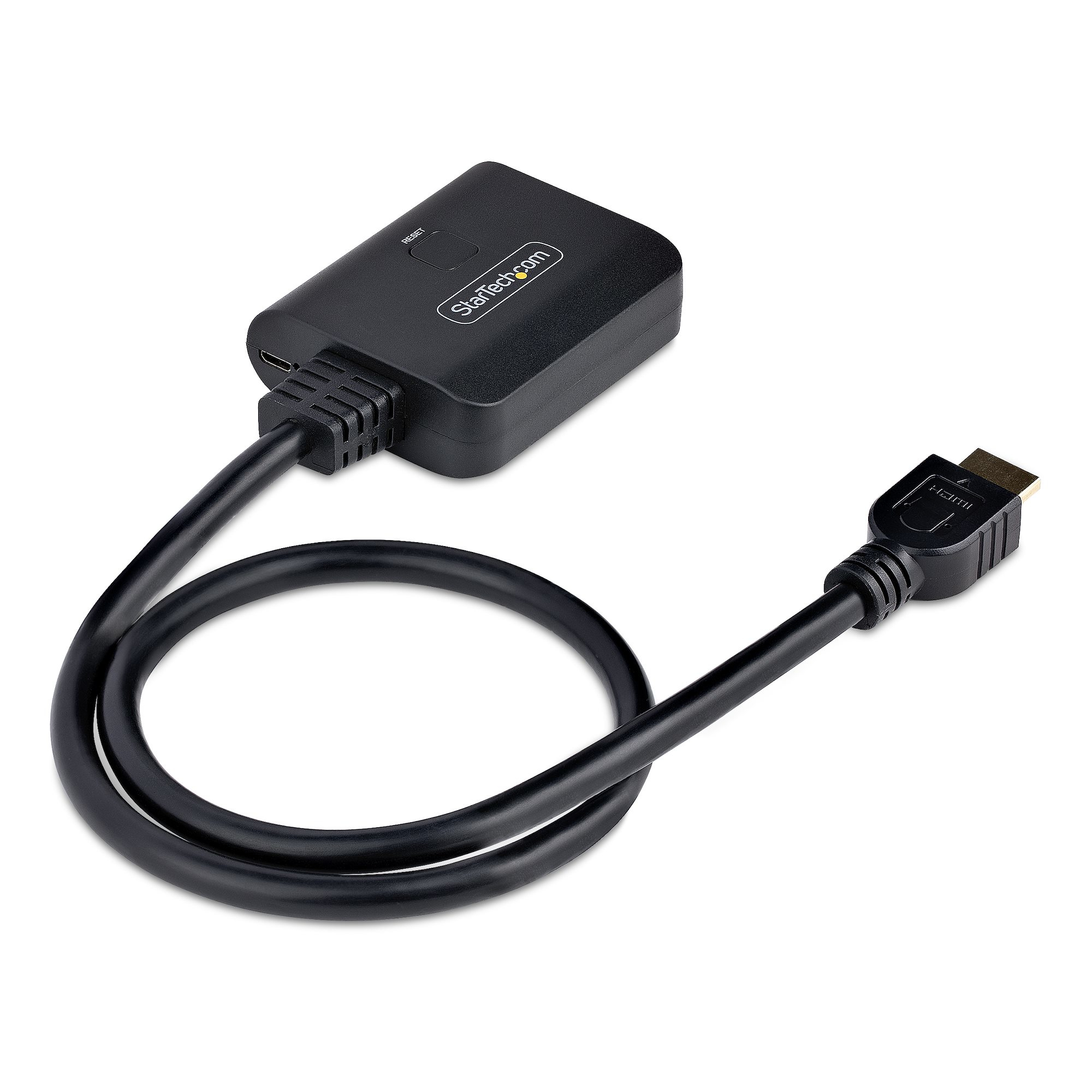 Adaptador HDMI negro con cable conectado. El adaptador tiene el logotipo de StarTech.com. Fondo blanco.