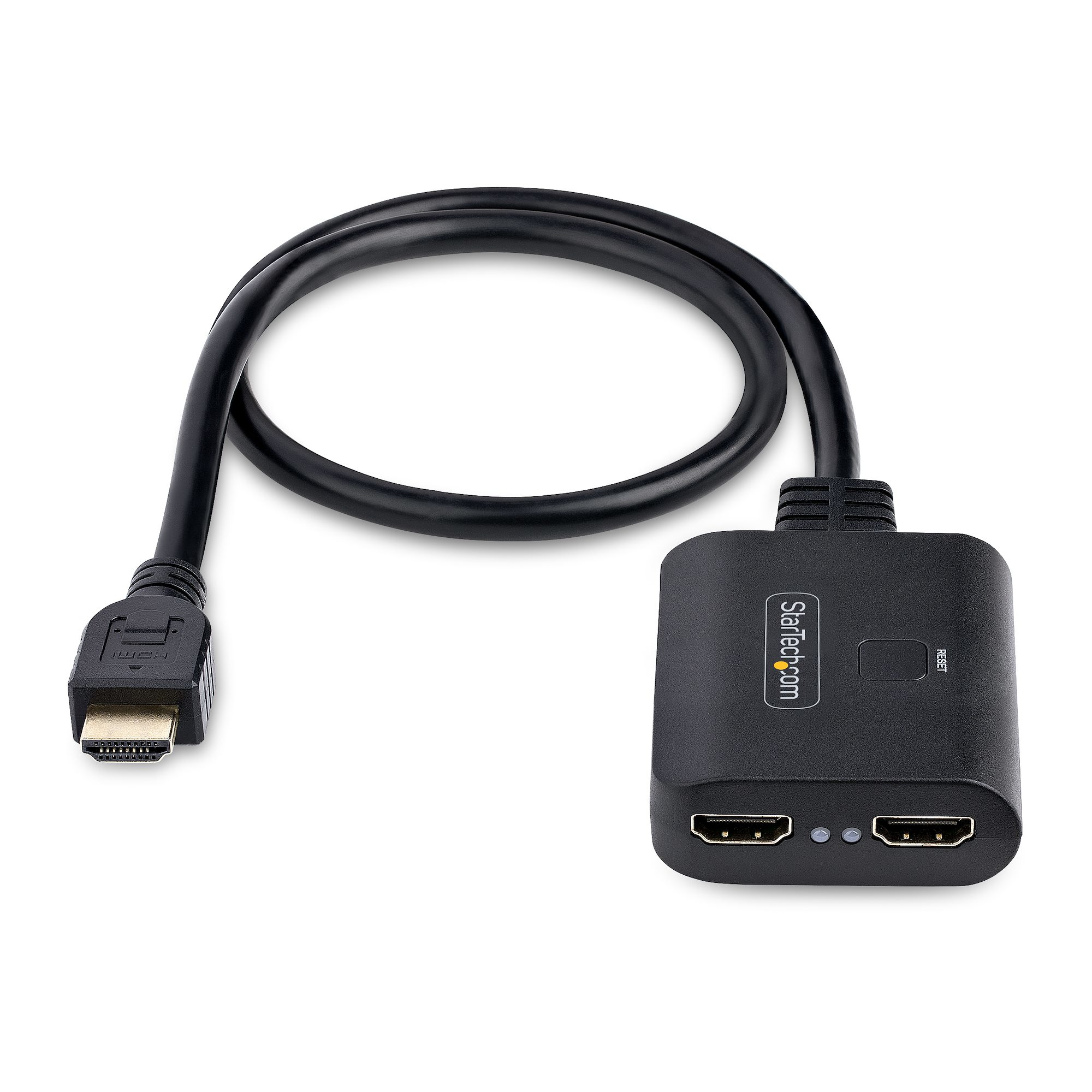 Divisor HDMI negro con cable y dos puertos de salida sobre fondo blanco. El logotipo de Startech.com es visible.