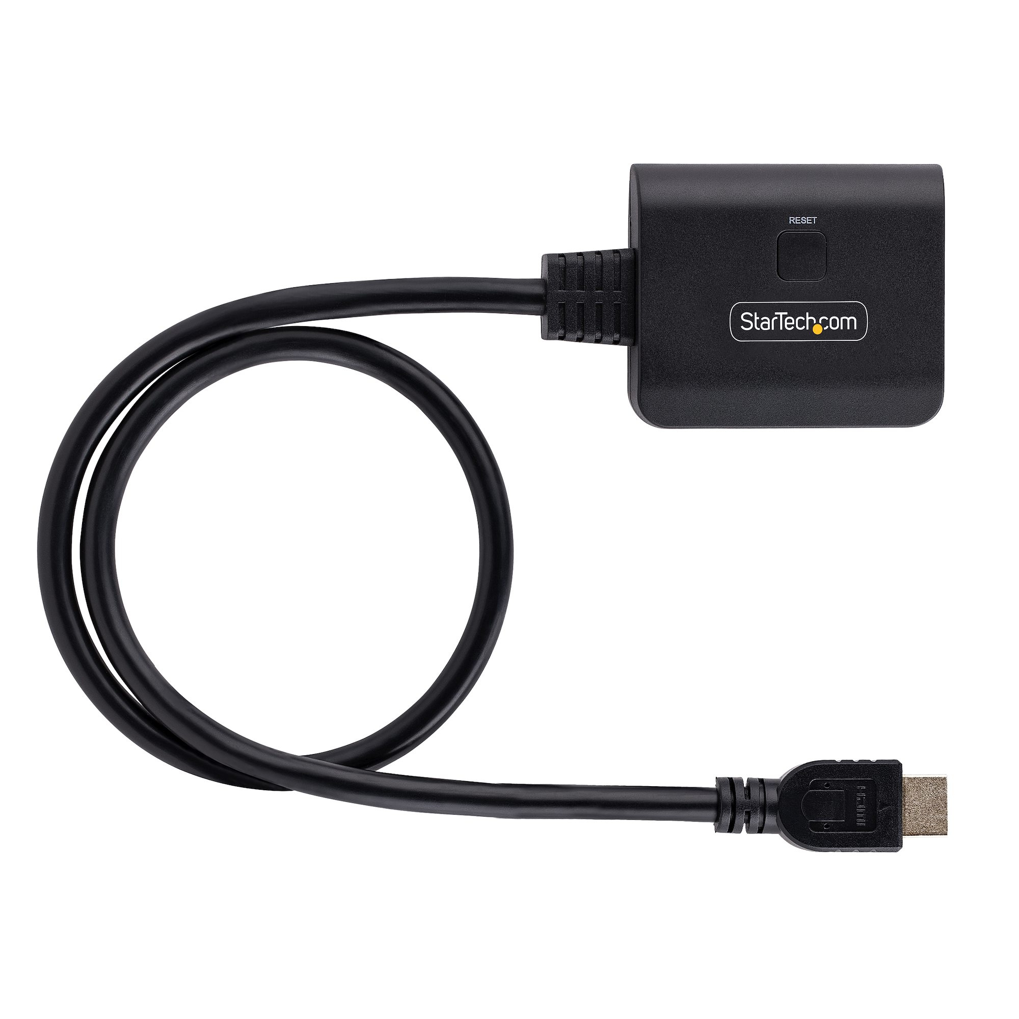 Adaptador HDMI negro con cable, caja rectangular con logo 'StarTech.com' y botón de reinicio, sobre fondo blanco.