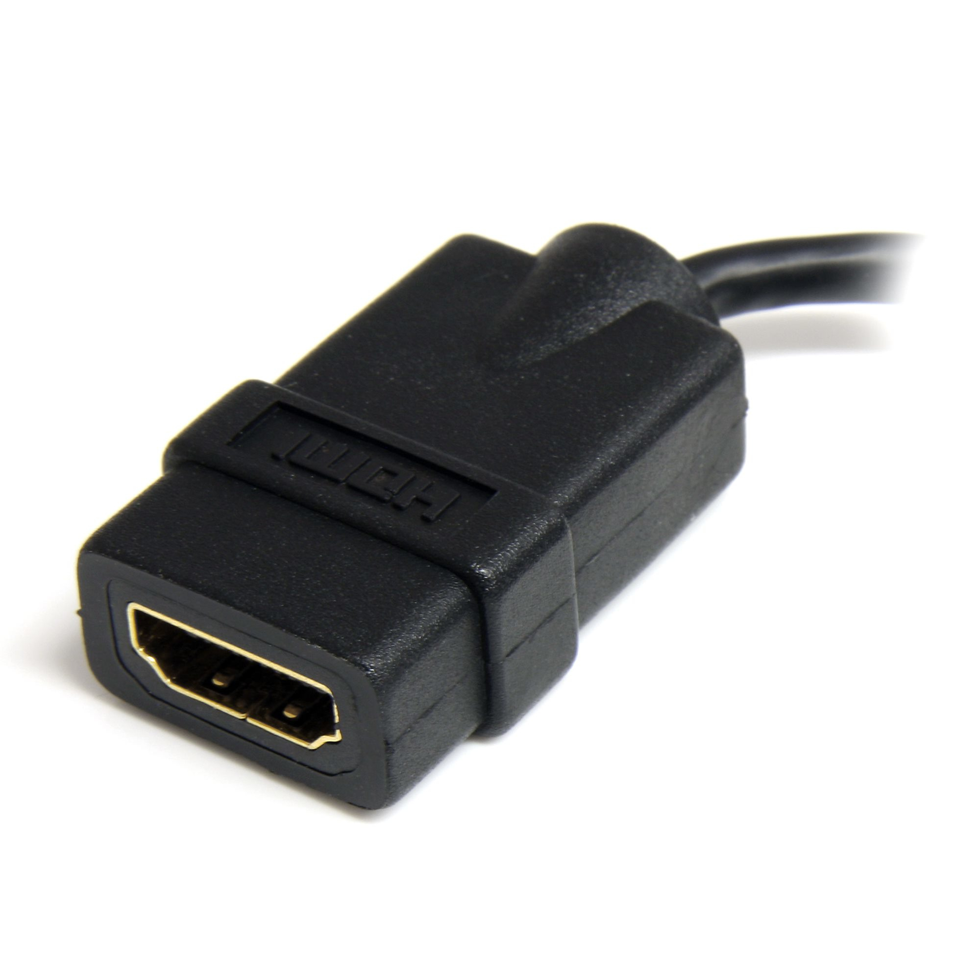 A black HDMI connector with a gold-colored port, connected to a black cable, on a white background.